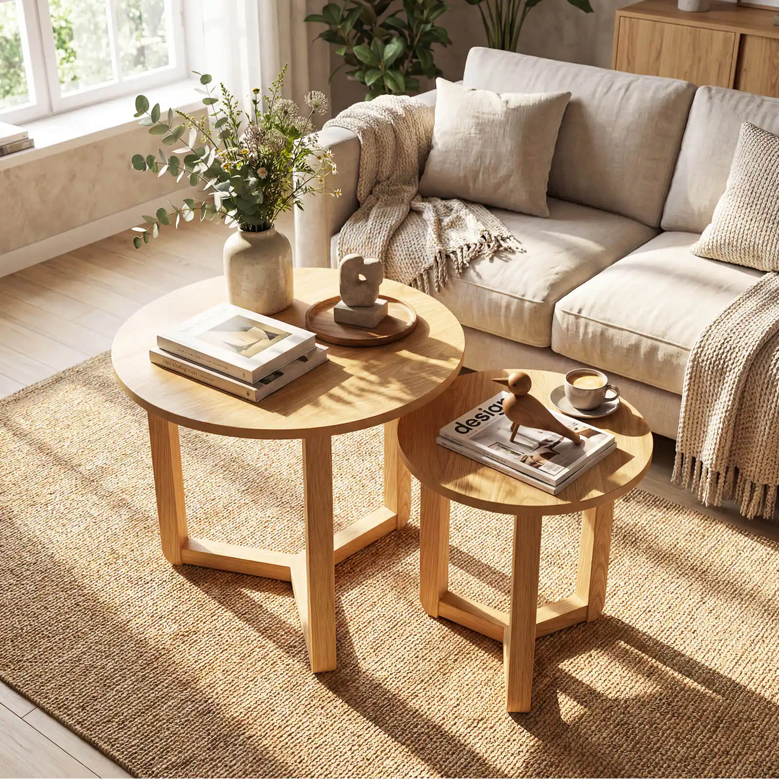 Alt View 4. Costway - Costway Round Nesting Coffee Table Set of 2 with Thickened Top & Solid Rubber Wood Legs - Natural.