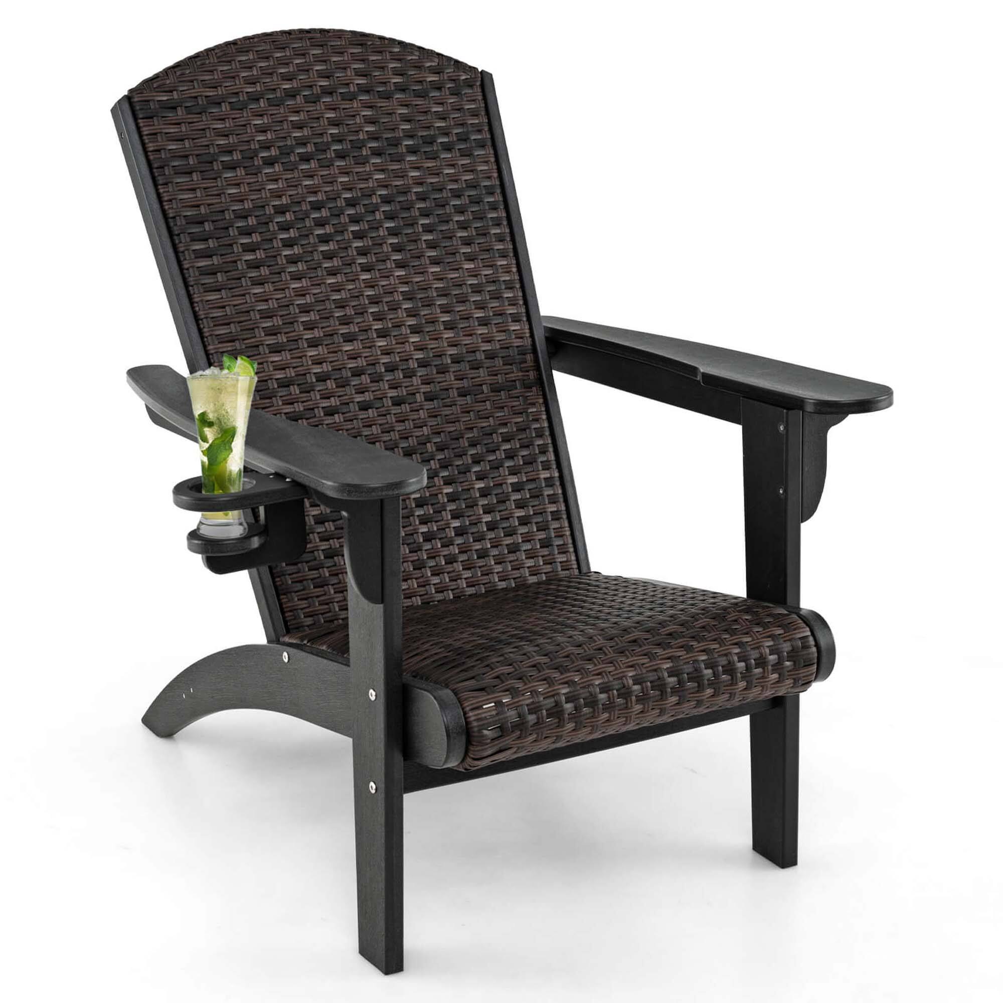 Alt View 5. Costway - Patio Adirondack Chair with Rattan Padded Seat Wide Armrests & Hidden Cupholder - Black,Mix Brown.