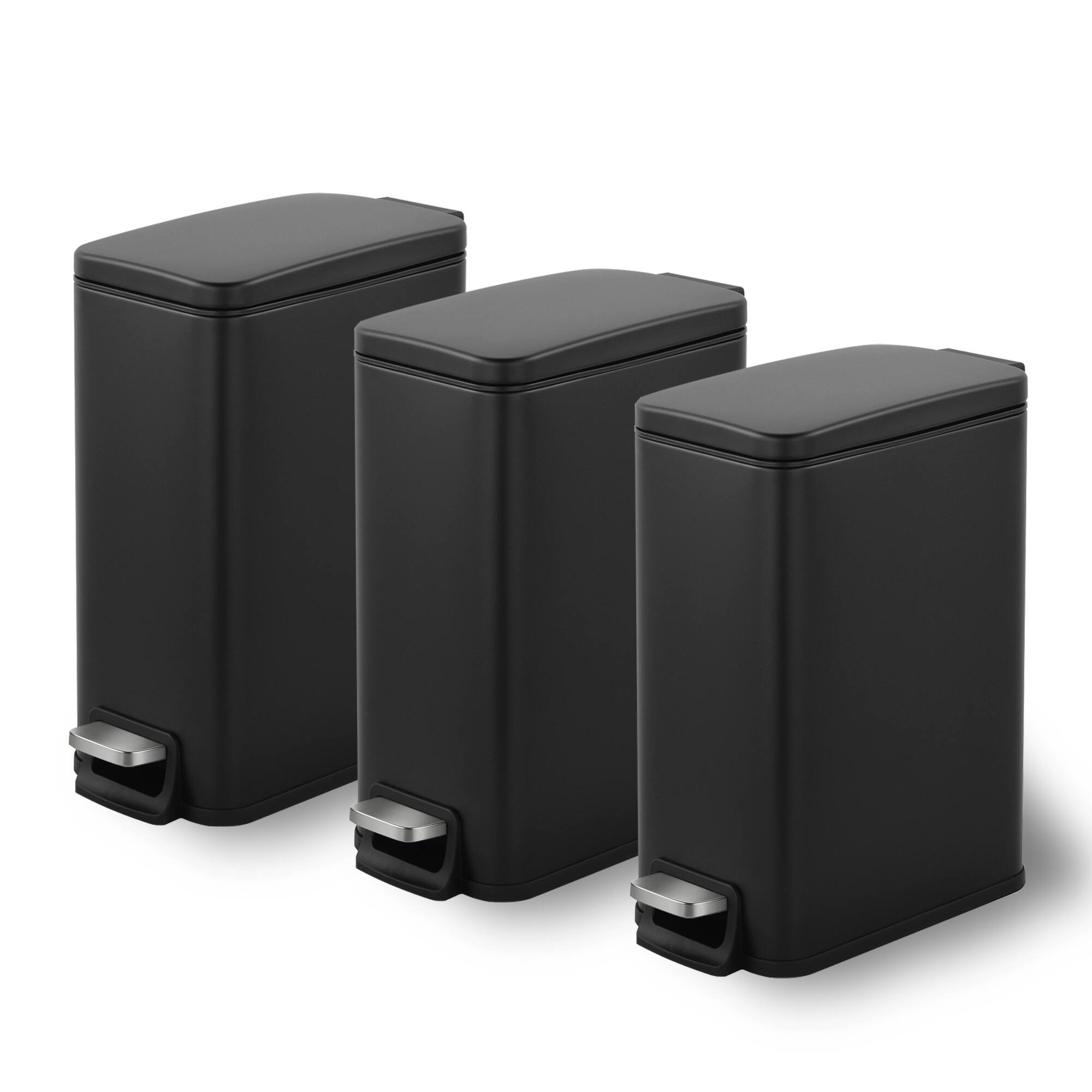 Front. Innovaze - 3‑Pack Stainless Steel Slim Bathroom Trash Can Combo with Lid, 1.6 Gallon - Black.