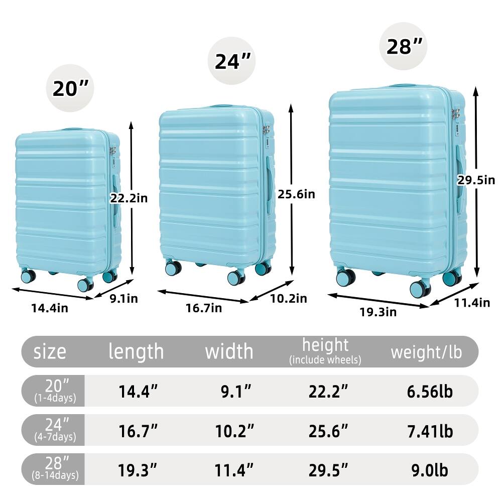 20"  
24"  
28"  

size 20" (1-4days)  
length 14.4"  
width 9.1"  
height 22.2"  
weight/lb (include wheels) 6.56lb  

24" (4-7days)  
length 16.7"  
width 10.2"  
height 25.6"  
weight/lb 7.41lb  

28" (8-14days)  
length 19.3"  
width 11.4"  
height 29.5"  
weight/lb 9.0lb
