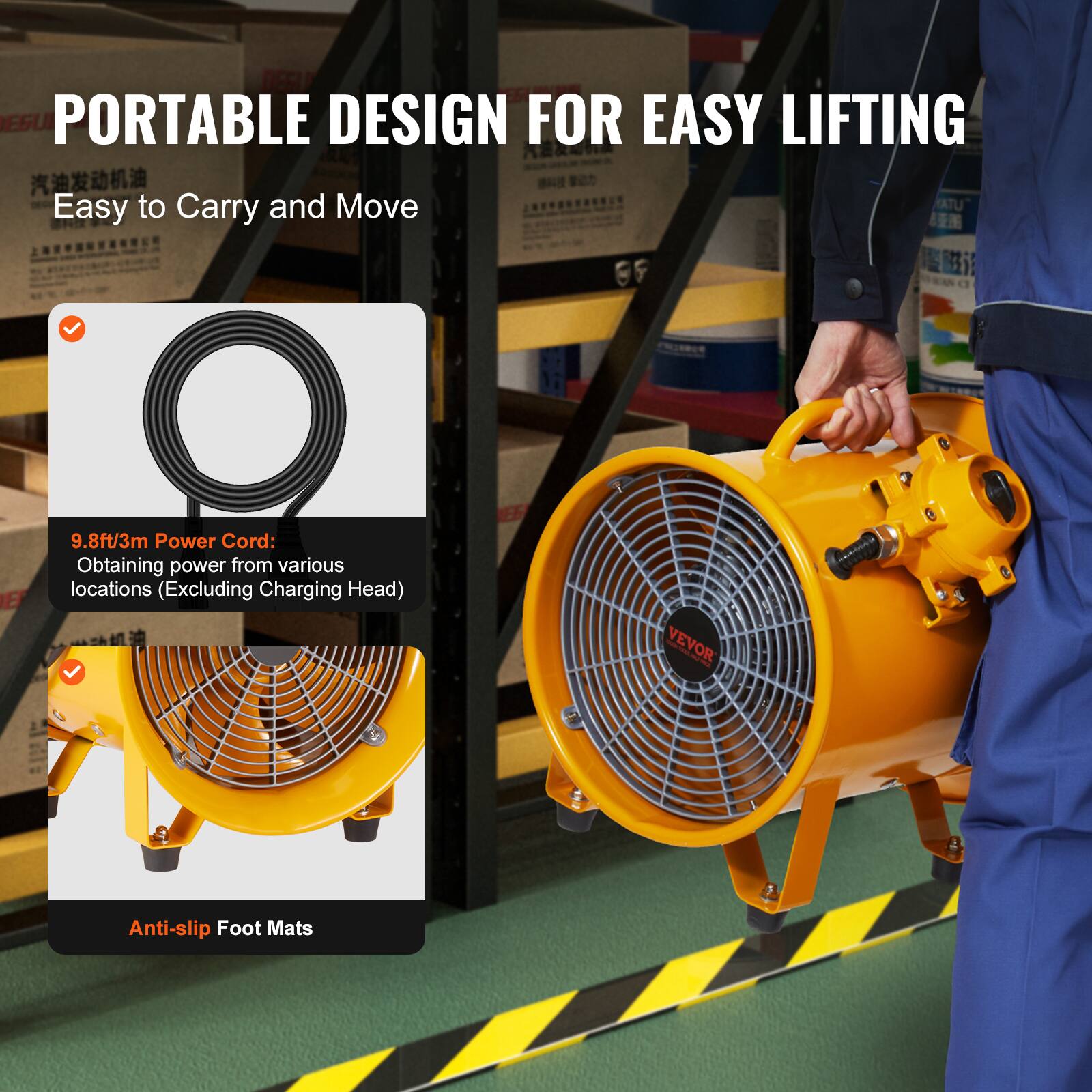 PORTABLE DESIGN FOR EASY LIFTING  
Easy to Carry and Move  

- 9.8ft/3m Power Cord: Obtaining power from various locations (Excluding Charging Head)  
- Anti-slip Foot Mats