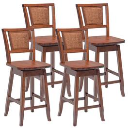 Costway - Set of 4 Swivel Bar Stools Counter Height Rubber Wood Pub Chairs w/ Rattan Back - Natural