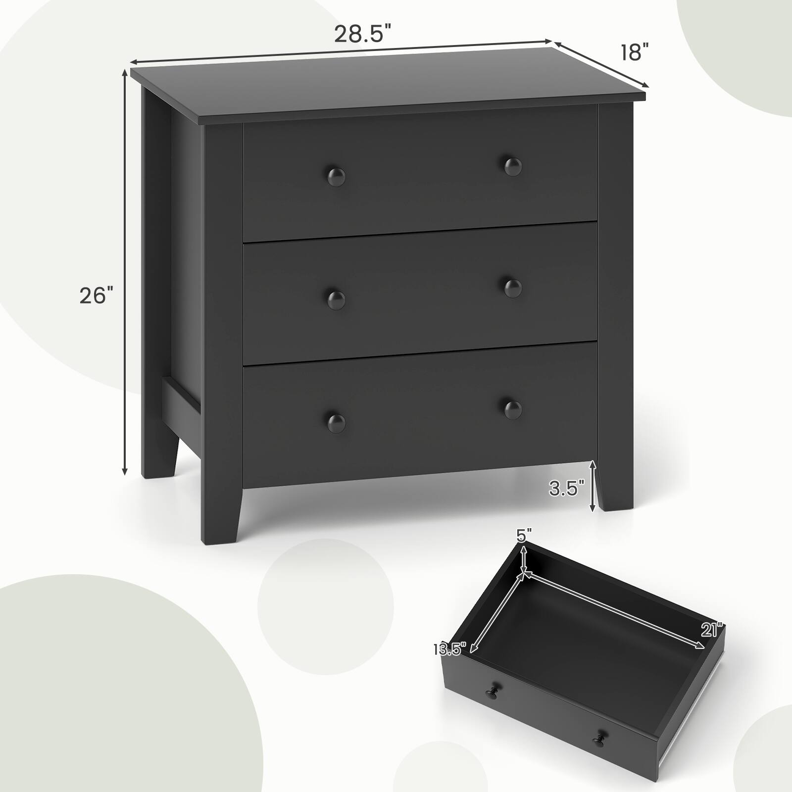 28.5" x 18" x 26"  
3.5"  
5" x 13.5" x 21"