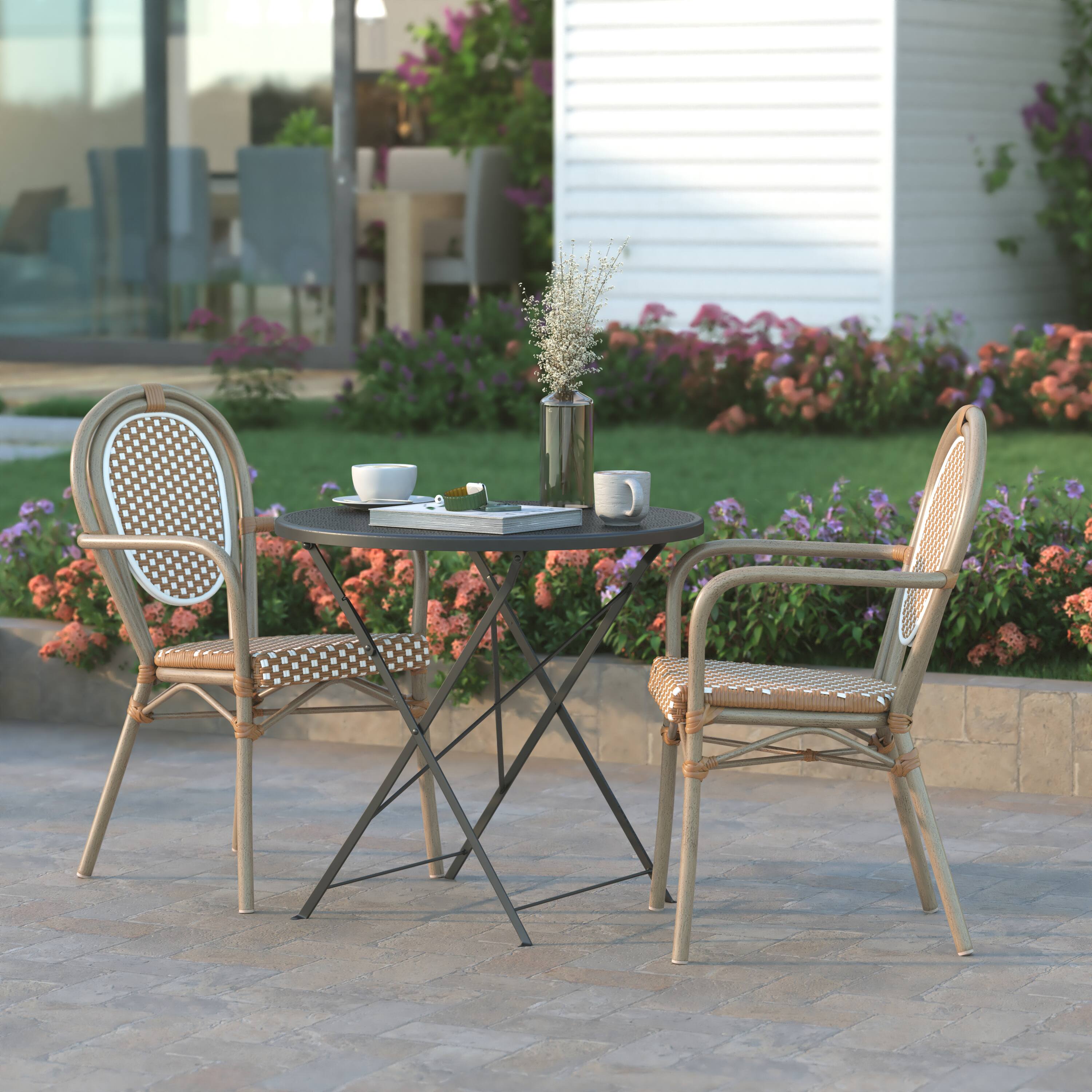 Alt View 4. Emma + Oliver - Colmar Set of Two Indoor/Outdoor Stacking Thonet Bistro Style Chairs with Arms, PE Rattan Seat and Metal Frame - Natural & White/Light Natural Frame.