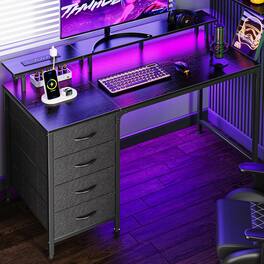 Sweet - 47" Gaming Desk with LED Lights, Power Outlets, 4 Drawer, Monitor Stand Reversible Computer Desk - Black