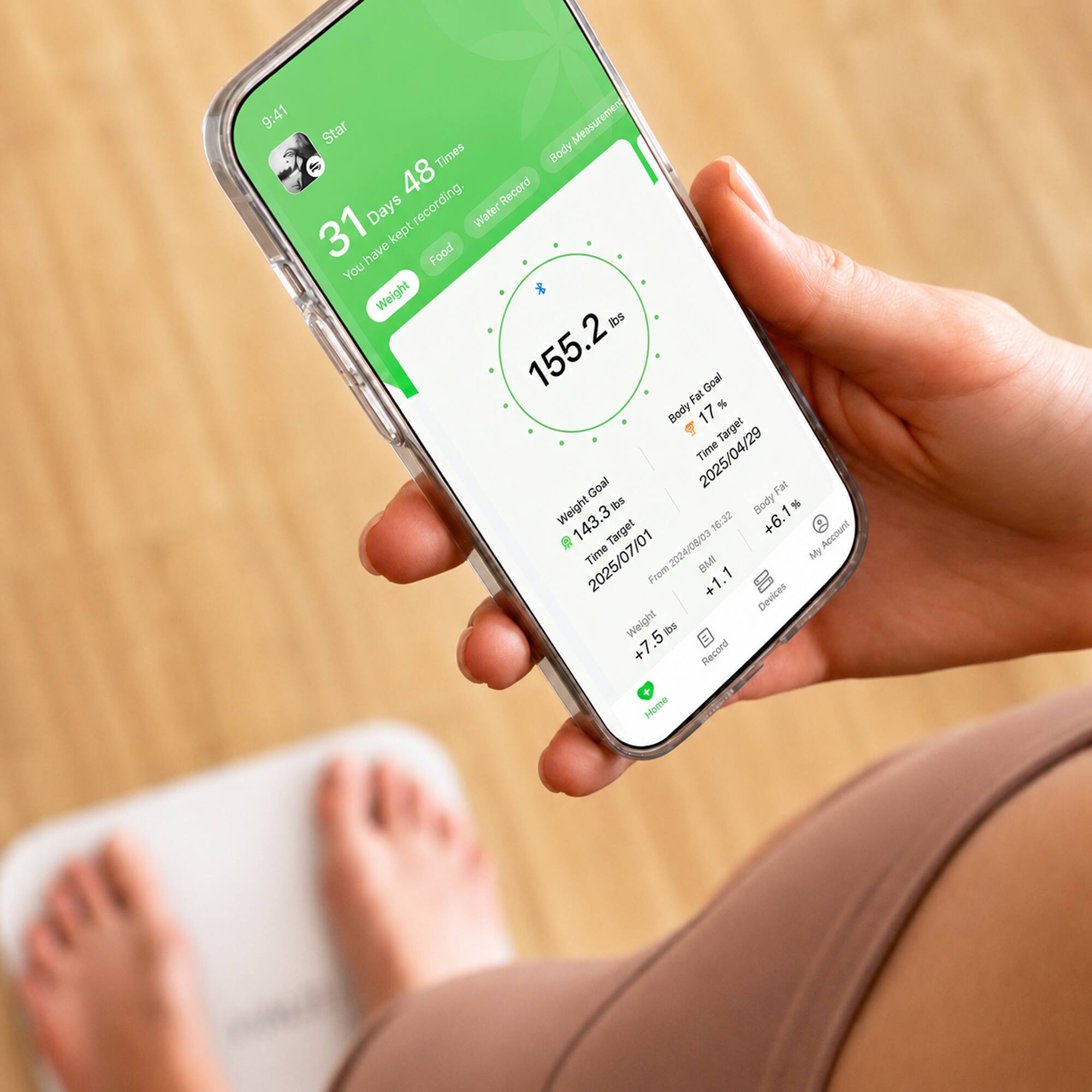 9:41 Star Measurement Times Body 48 recording. Record 31 Days kept Water You have Food Weight lbs 155.2 Fat Goal % Body 17 Target 2025/04/29 Time Goal lbs Body Fat Weight 3 1 % 143.3 Target 16:32 +6. of Account 2025/07/01 Time From 2024/08/03 BMI AW +1.1 Devices Weight +7.5lbs lbs Record X Home