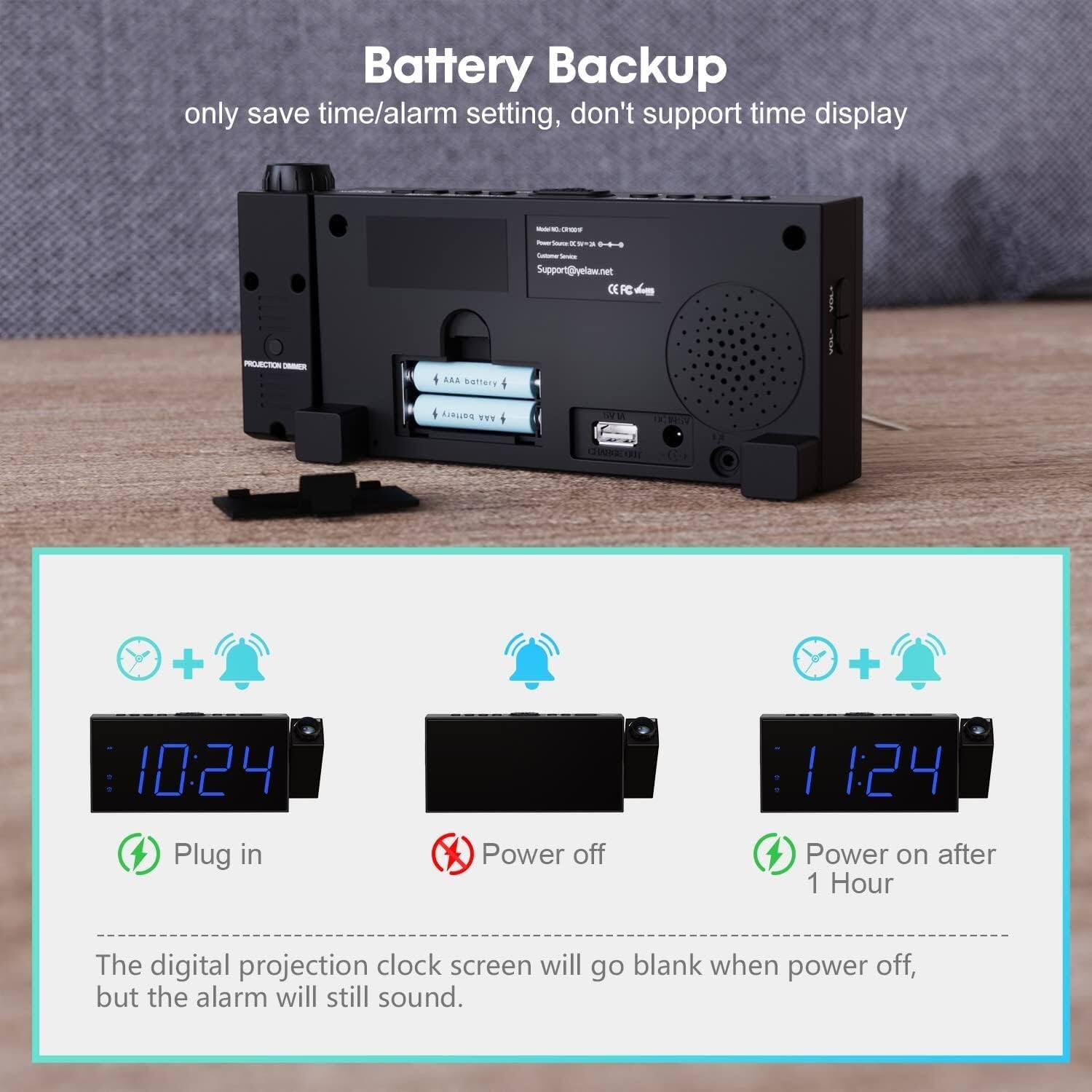 Battery Backup  
only save time/alarm setting, don't support time display  

Support@yelaw.net  
CE FC RECTON  

The digital projection clock screen will go blank when power off, but the alarm will still sound.  

10:24  
Plug in  

Power off  

11:24  
Power on after 1 Hour