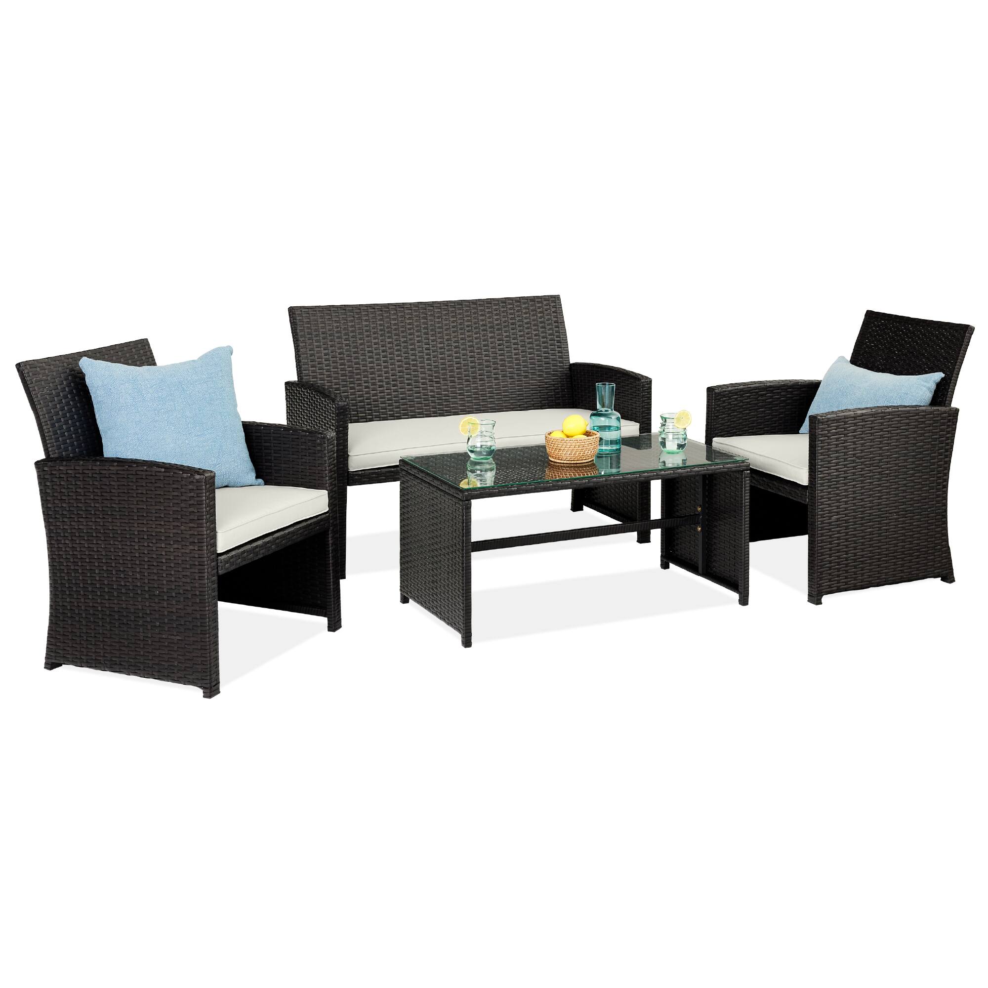 Front. Best Choice Products - Best Choice Products 4-Piece Outdoor Wicker Patio Conversation Furniture Set w/ Table, Cushions - Black/White Sand - Black/White Sand.