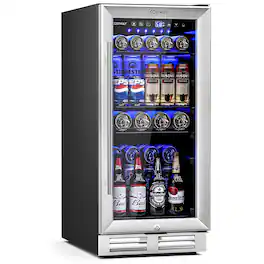 Costway - 15 Inch Beverage Refrigerator, Built-in Beverage Cooler w/ Double-Layer Tempered Glass Door - Black,Silver