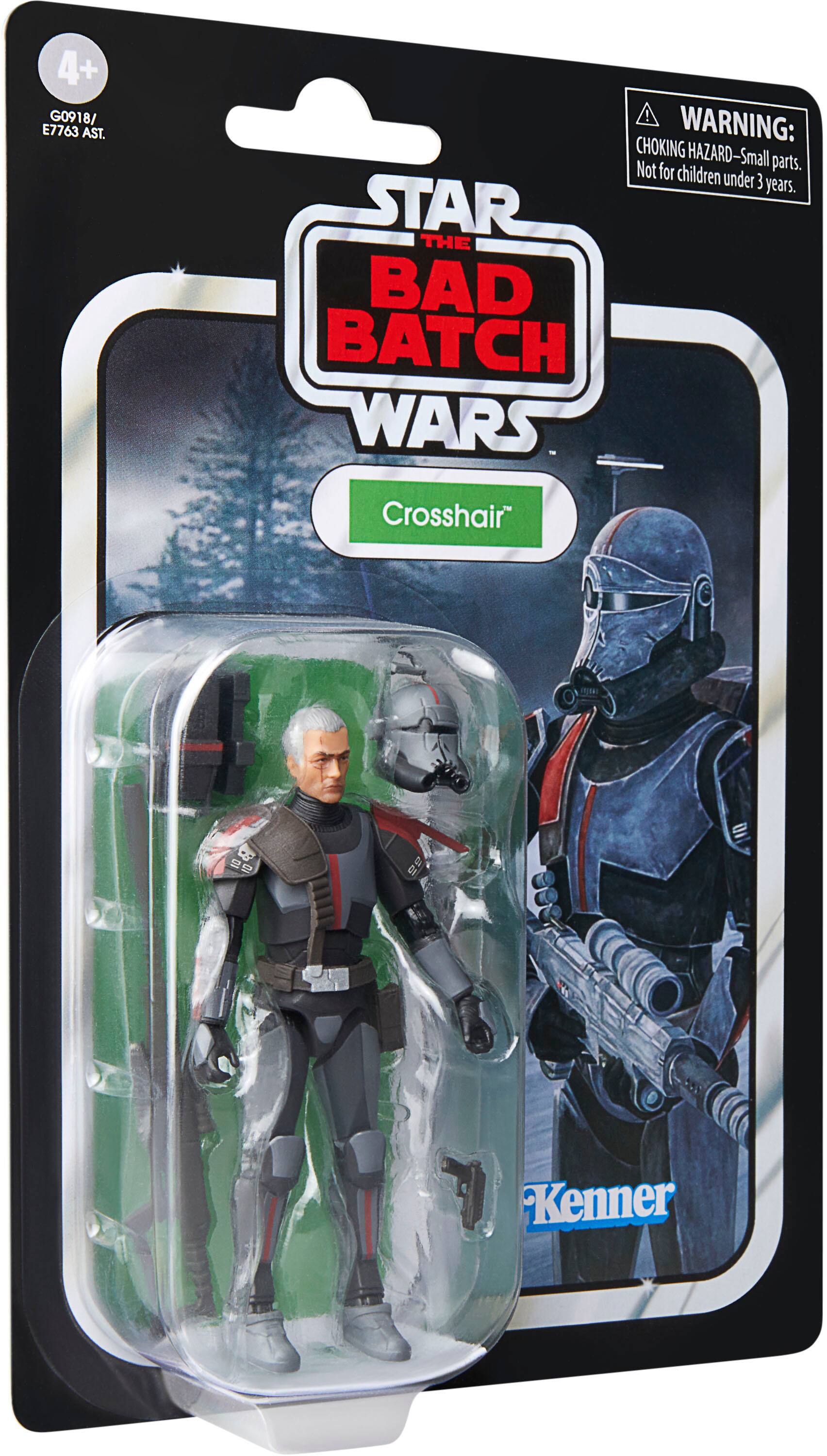 The image features a Star Wars action figure of Crosshair, a member of the Bad Batch. The figure is in a package and is a part of the Star Wars toy line. The package warns that the toy contains small parts and is not suitable for children under the age of 3.