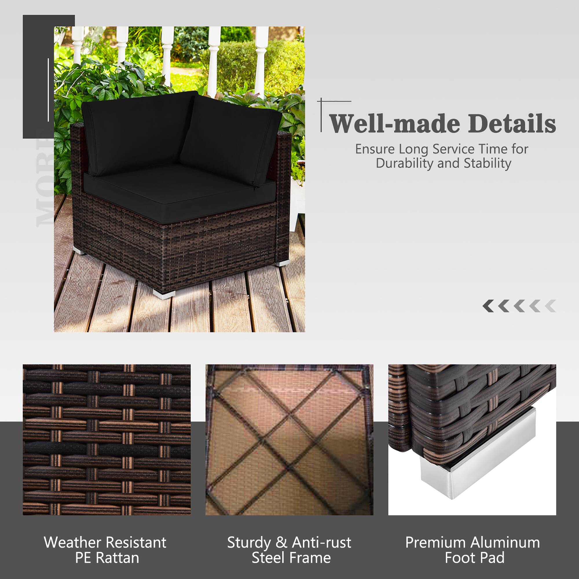 Sure, here is the corrected and grouped text from the image:

---

**Well-made Details**  
Ensure Long Service Time for Durability and Stability

- Weather Resistant PE Rattan
- Sturdy & Anti-rust Steel Frame
- Premium Aluminum Foot Pad

---