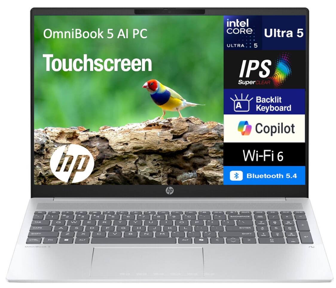 OmniBook 5 AI PC Touchscreen  
intel CORE Ultra 5  
IPS SuperCLEAR  
Backlit Keyboard  
Copilot  
Wi-Fi 6  
Bluetooth 5.4