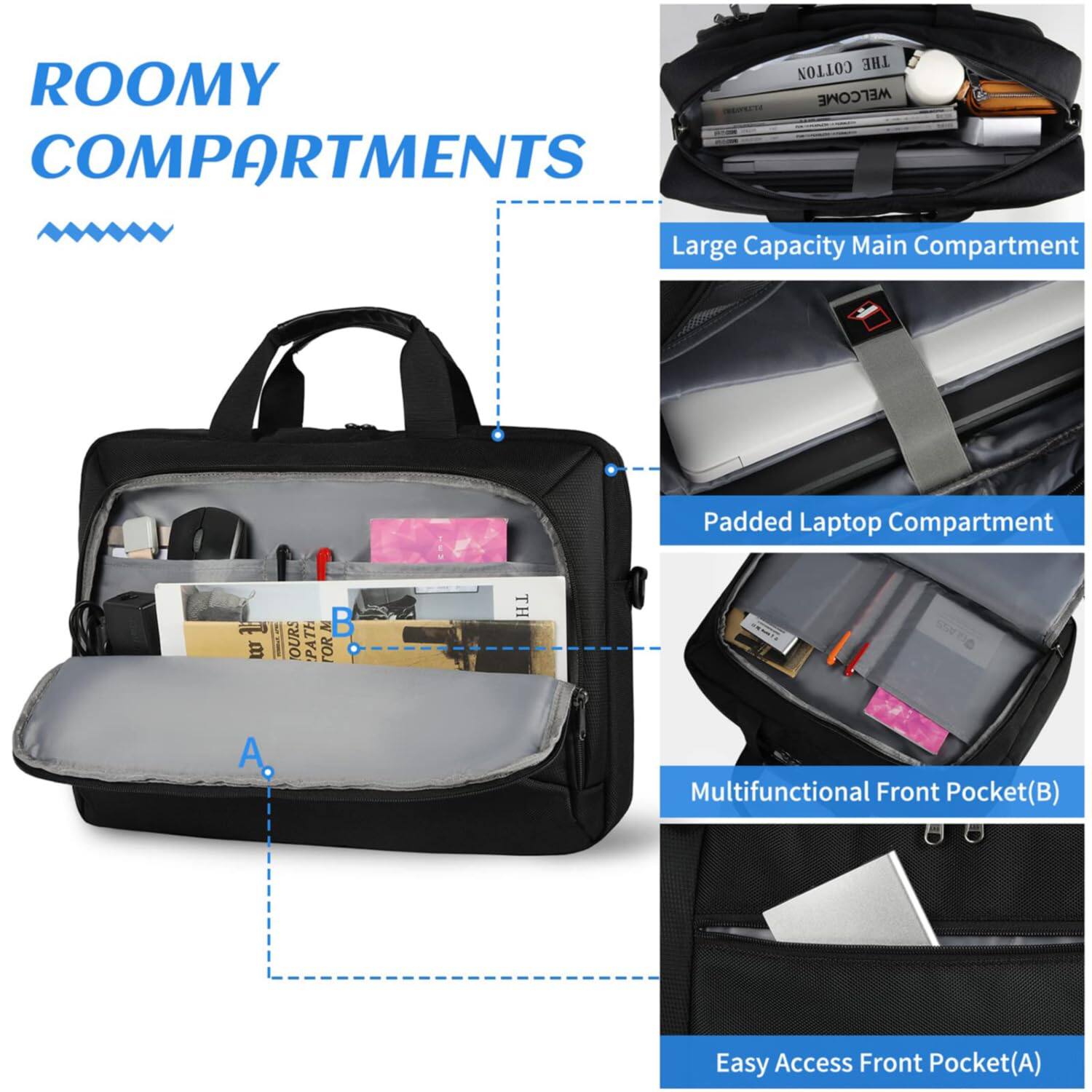 Sure, here is the corrected and grouped text from the image:

---

**ROOMY COMPARTMENTS**

- Large Capacity Main Compartment
- Padded Laptop Compartment
- Multifunctional Front Pocket (B)
- Easy Access Front Pocket (A)

---