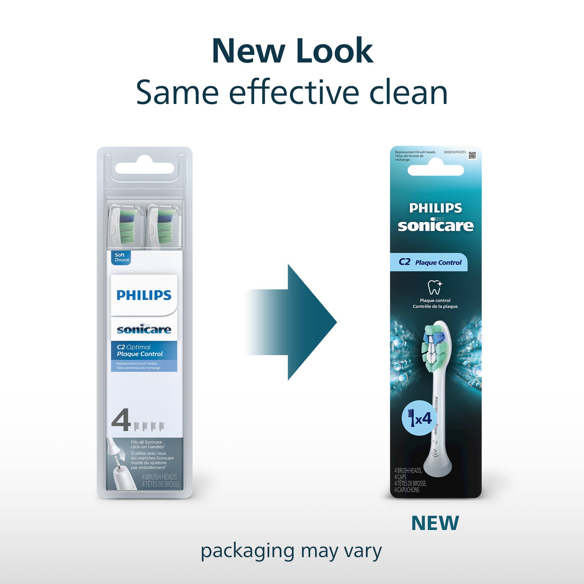 New Look  
Same effective clean  

PHILIPS sonicare  
C2 Plaque Control  

4 BRUSH HEADS  
4 CAPUCHONS  

packaging may vary