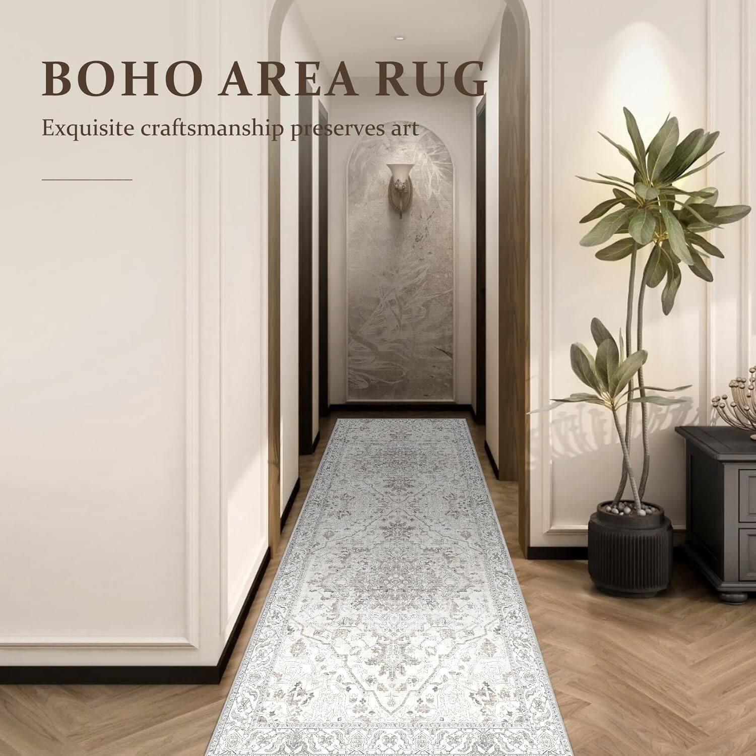 KERDOM - Runner Rug 3x8 ft Washable Vintage Area Rugs for Hallway Bohemian Non-Slip Low-Pile Floor Carpet for Kitchen Bathroom - Beige