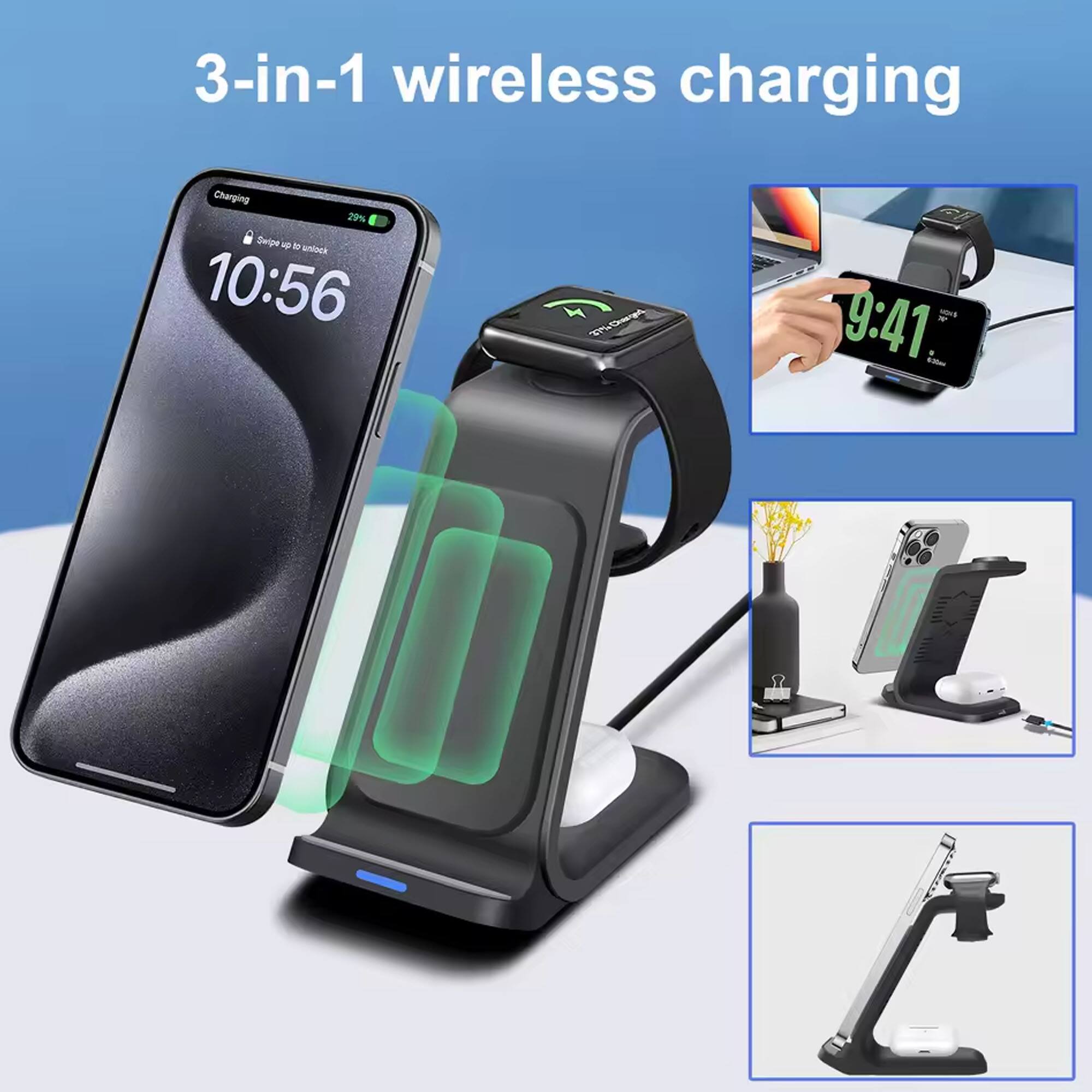 3-in-1 wireless charging

Charging
Swipe up to unlock
10:56

9:41