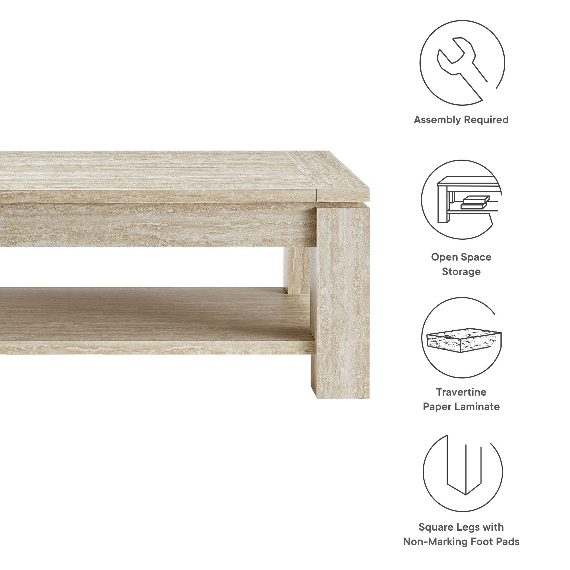 - Assembly Required
- Open Space Storage
- Travertine Paper Laminate
- Square Legs with Non-Marking Foot Pads
