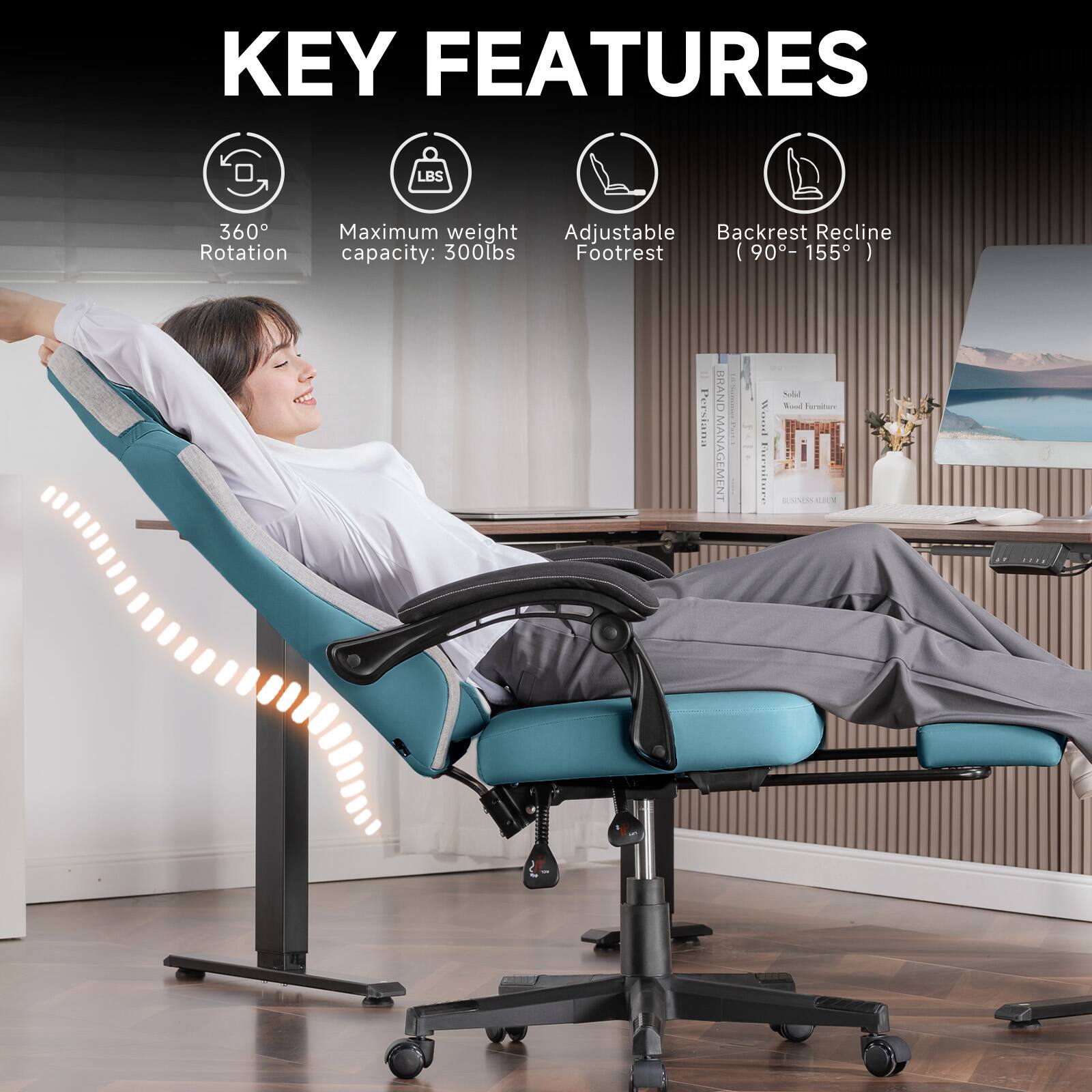 KEY FEATURES

- 360° Rotation
- Maximum weight capacity: 300lbs
- Adjustable Footrest
- Backrest Recline (90° - 155°)