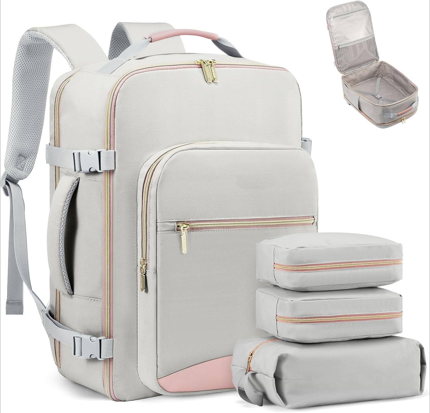 Front. ZUQIETA - ZUQIETA 40L Travel Backpack with 3 Packing Cubes - TSA-Friendly, Waterproof & Airline-Approved Carry-On in Light Gray-Pi - Gray-pink.