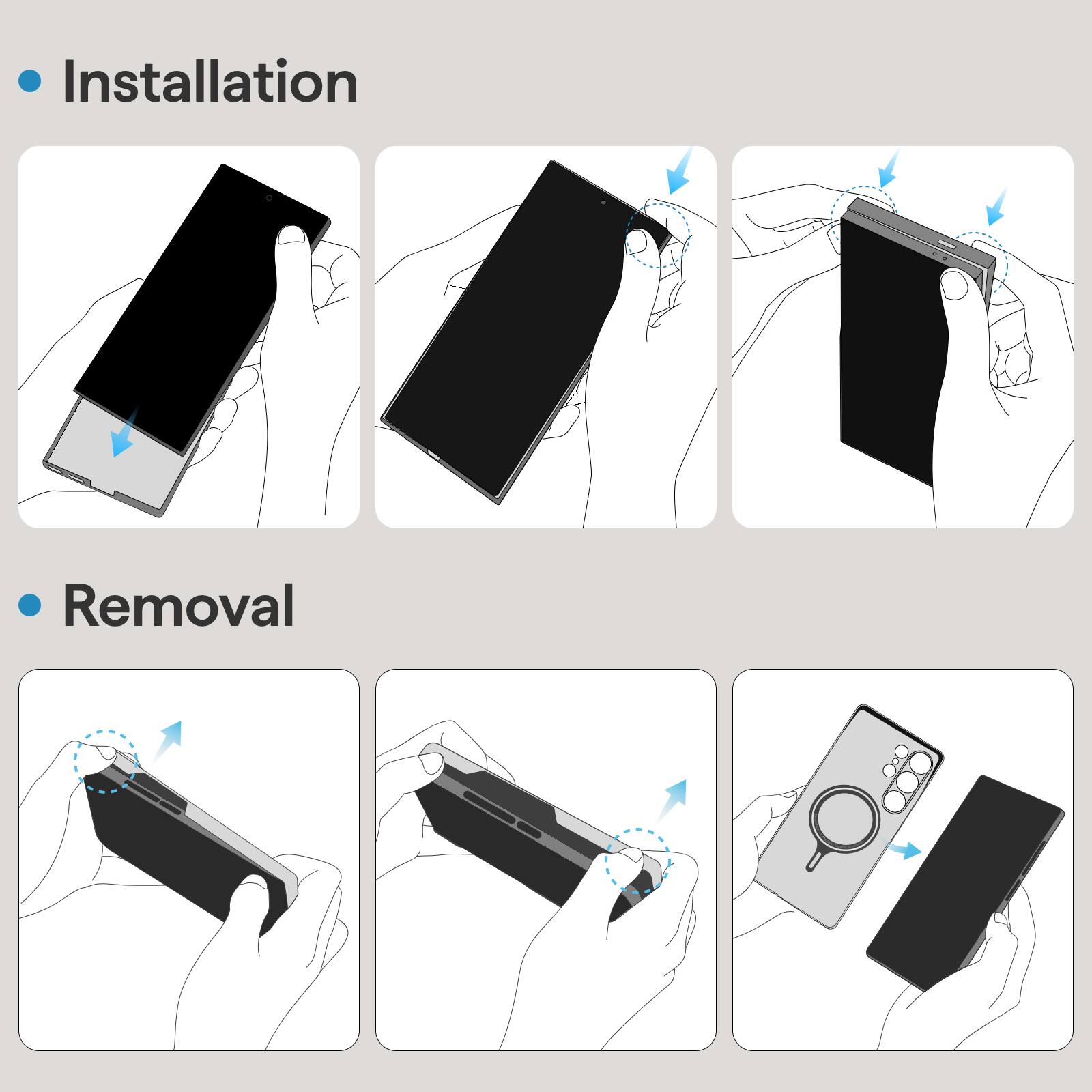 Installation

- Insert the device into the phone case.
- Align the device with the phone case.
- Secure the device in place.

Removal

- Press the release buttons on the sides.
- Slide the device out of the phone case.