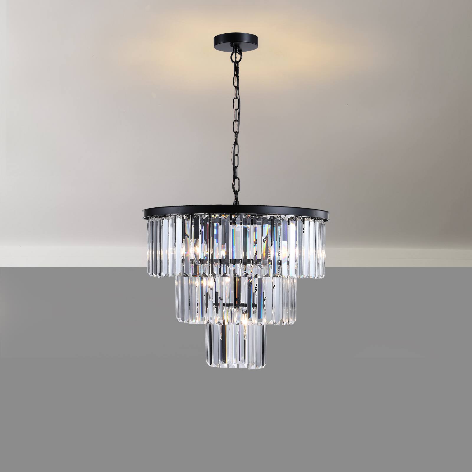 Front. Sofucor - 7 Light Crystal Chandelier 20'' Luxury Modern Dining Room Light Fixture 3-Tier Round Hanging Pendant Ceiling Lighting - Black.