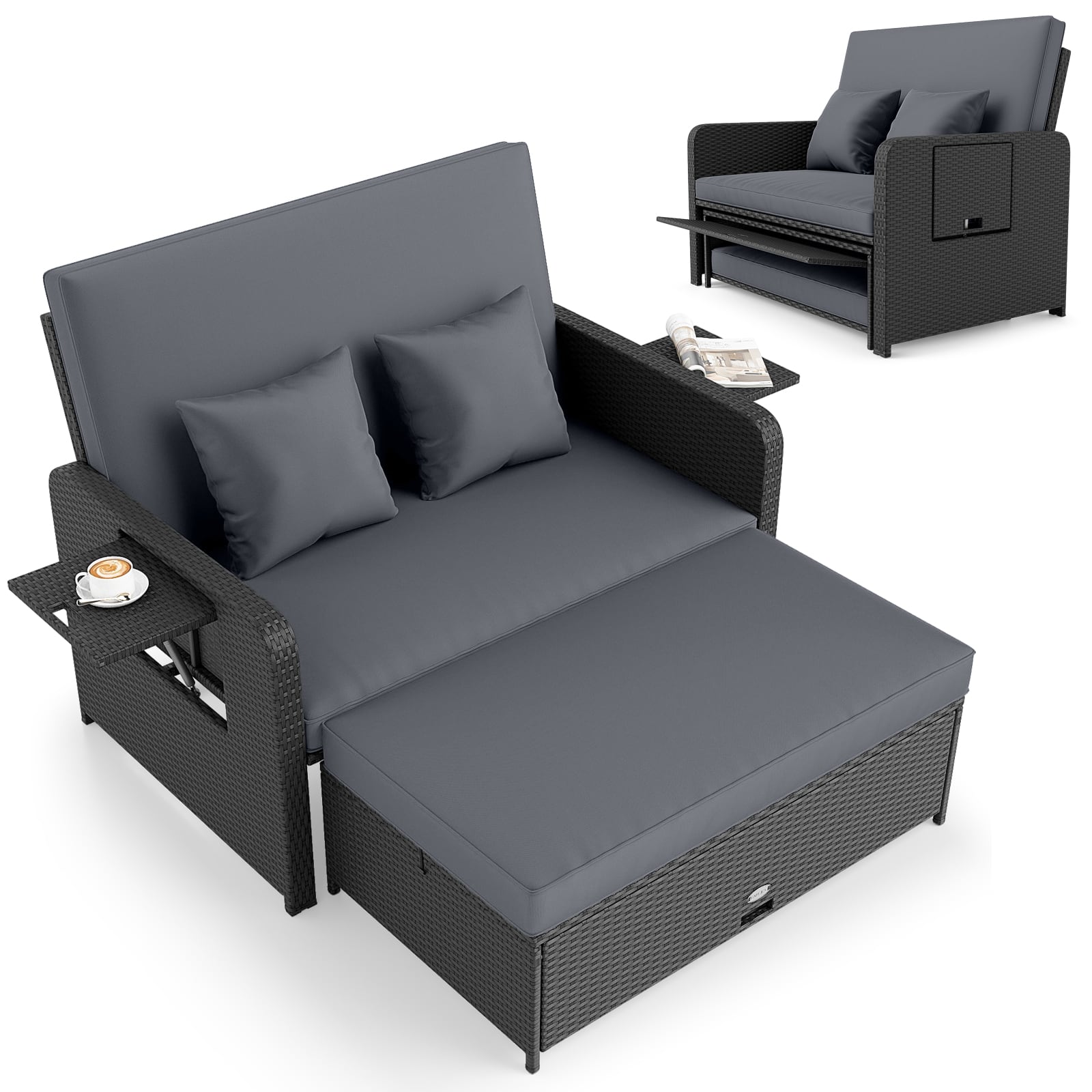 Gymax - Set of 2 PE Wicker Outdoor Daybed w/4-Level Adjustable Backrest Storage Ottoman - Gray