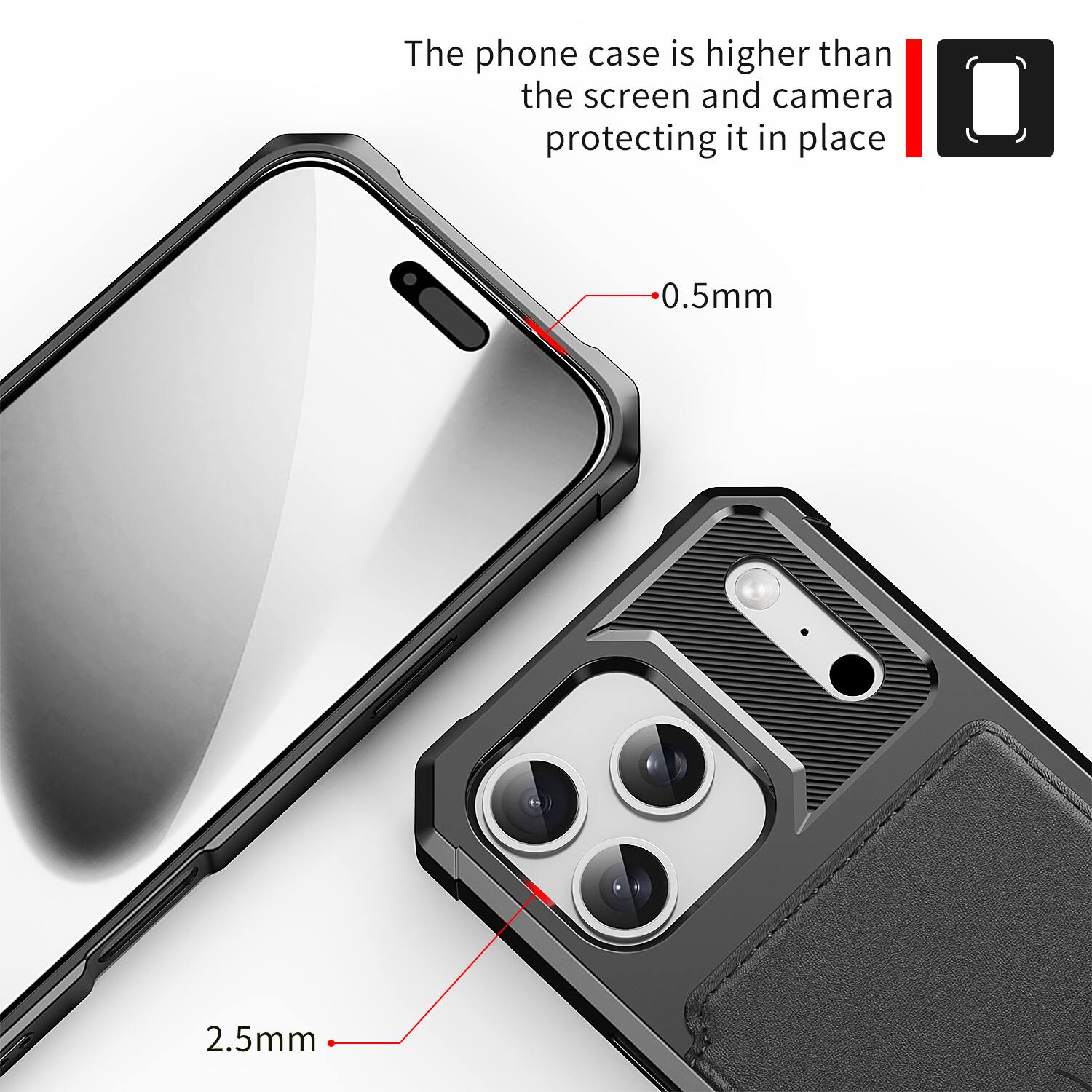 The phone case is higher than the screen and camera protecting it in place. 0.5mm 2.5mm