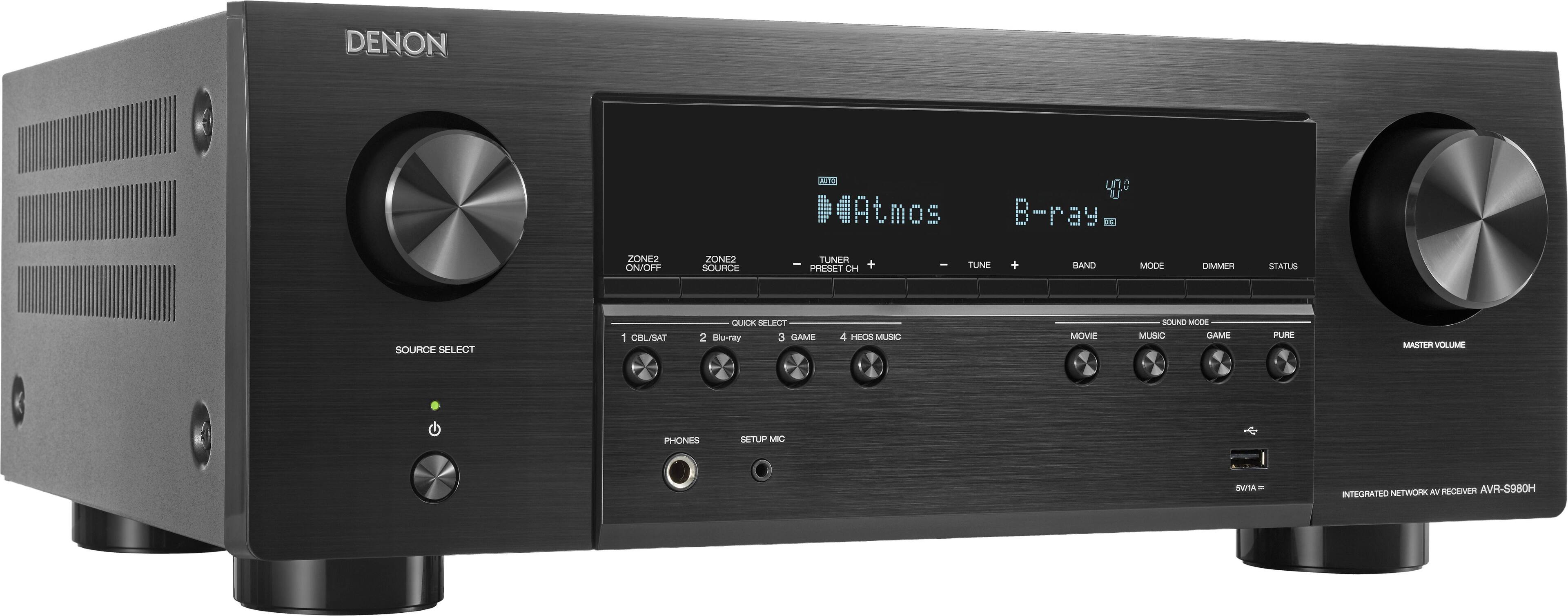 DENON AVR-S980H  
INTEGRATED NETWORK AV RECEIVER  

- ZONE2 ON/OFF  
- ZONE2 SOURCE  
- TUNER PRESET CH +  
- TUNE +  
- BAND  
- MODE  
- DIMMER  
- STATUS  
- SOURCE SELECT  

QUICK SELECT  
1. CBL/SAT  
2. Blu-ray  
3. GAME  
4. HEOS MUSIC  

SOUND MODE  
- MOVIE  
- MUSIC  
- GAME  
- PURE  

MASTER VOLUME  
PHONES  
SETUP MIC  

NETWORK  
5 VIA HDMI