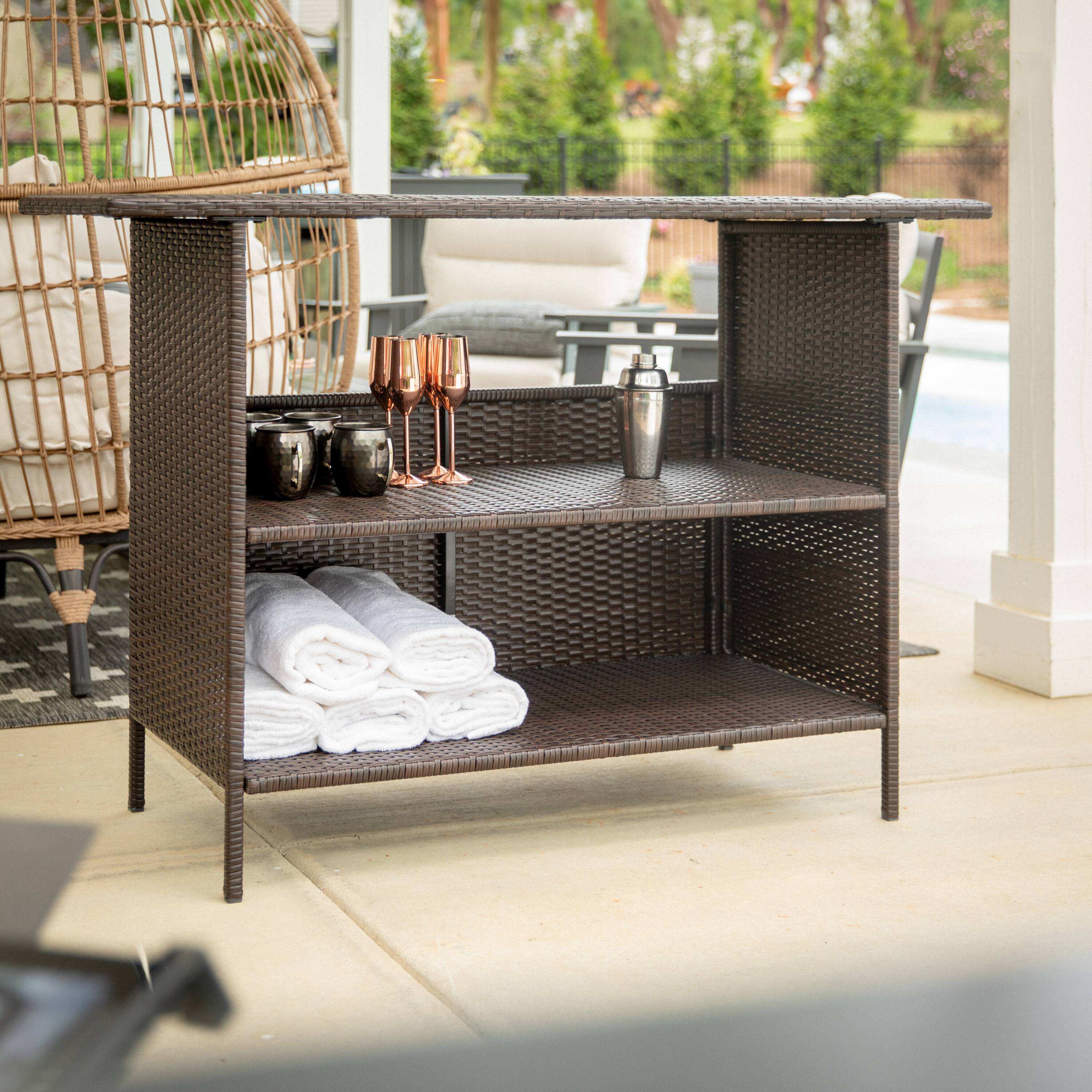 Alt View 1. Flash Furniture - Marco Indoor/Outdoor Patio Wicker Rattan Bar Counter Table with 2 Shelves, Brown - Brown.