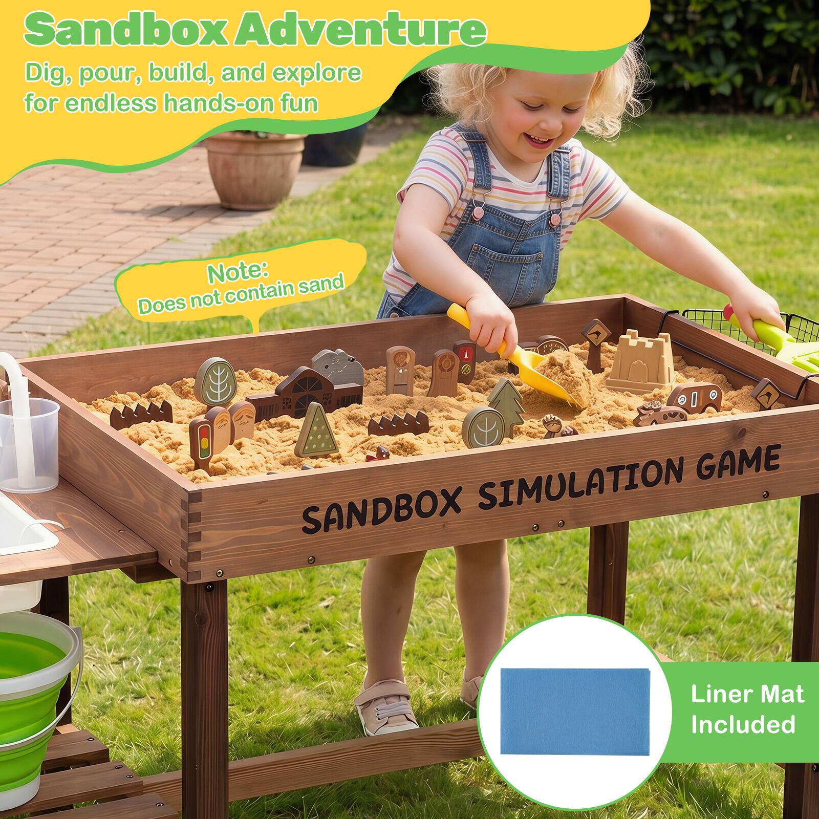 Sandbox Adventure  
Dig, pour, build, and explore for endless hands-on fun  

Note: Does not contain sand  

SIMULATION GAME SANDBOX  

Liner Mat Included
