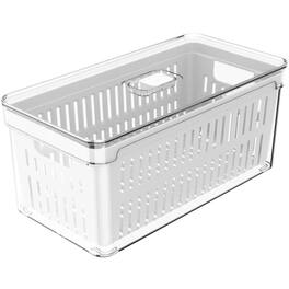 OU - Fridge Organizer Bin with Drain Basket & Vented Lid, 5.3qt Refrigerator Storage Bin - Clear
