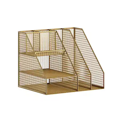 Front. Martha Stewart - Ryder Large Steel Mesh Desktop Organizer with File Holder - Gold.