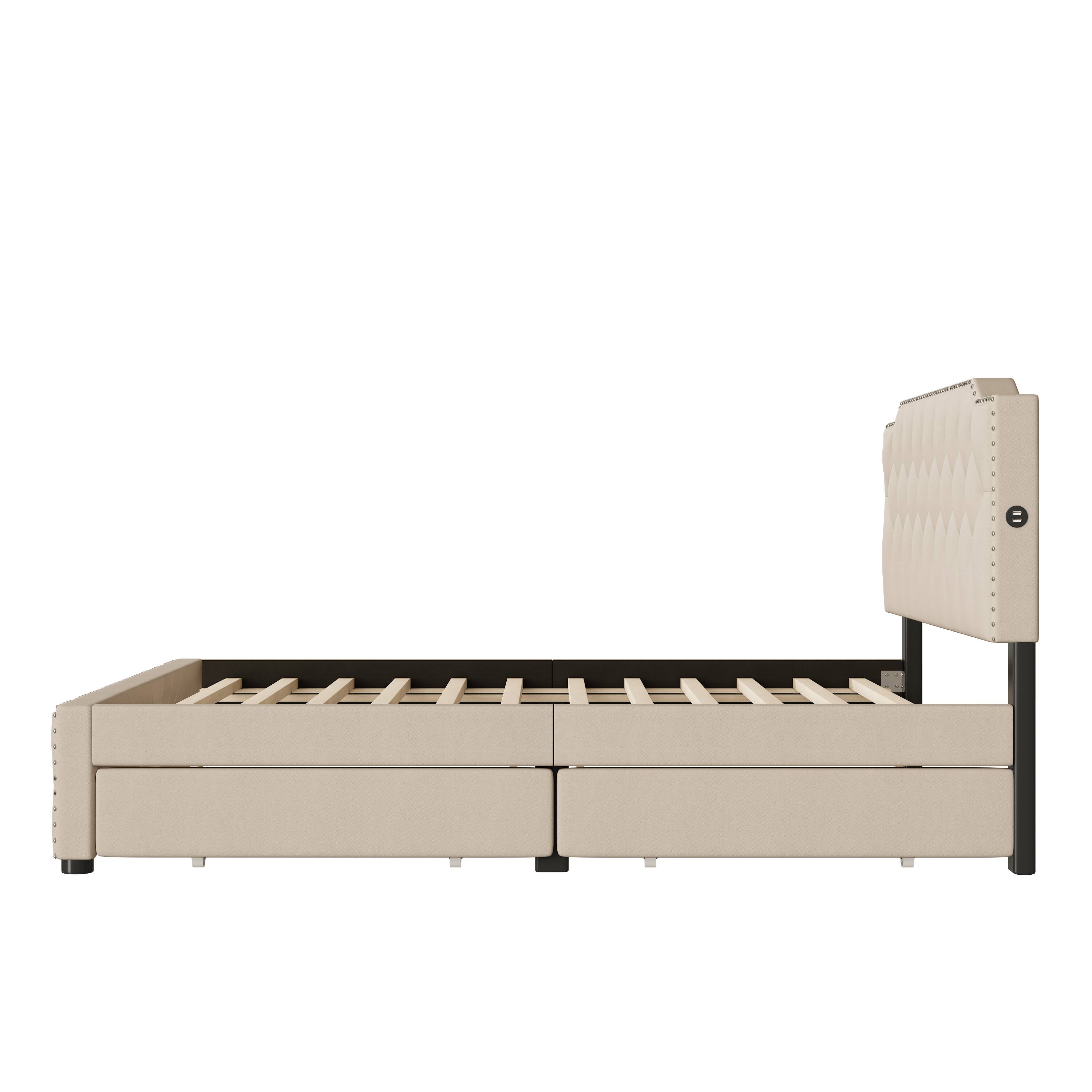Alt View 7. Tiramisubest - Queen Size Upholstered Platform Bed with 2 Drawers and 2 sets of USB Ports on each side, Linen Fabric, Beige - Beige.