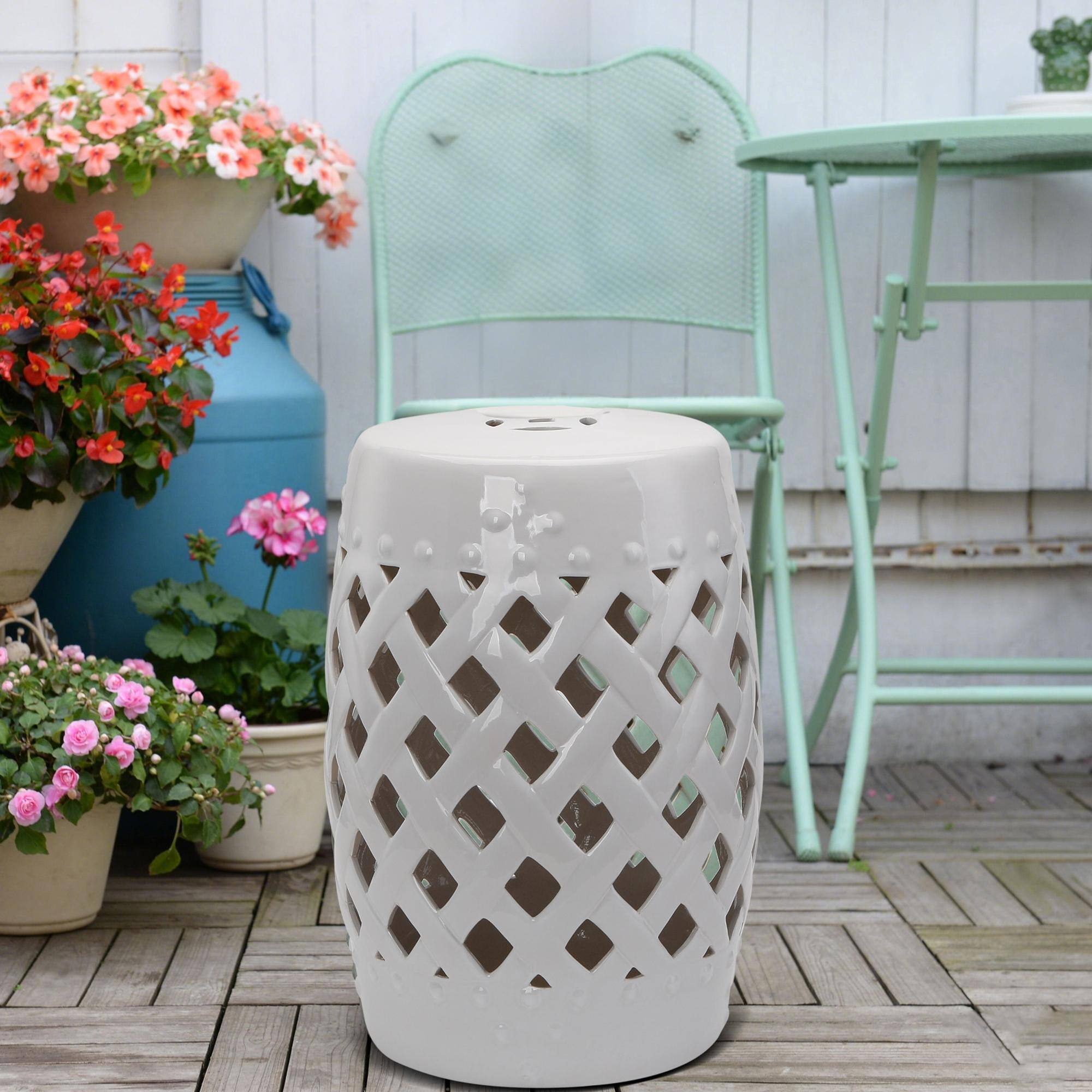 Alt View 1. Outsunny - 13" x 18" Ceramic Garden Stool with Woven Lattice Design & Glazed Strong Materials Decorative Outdoor Stool - White.