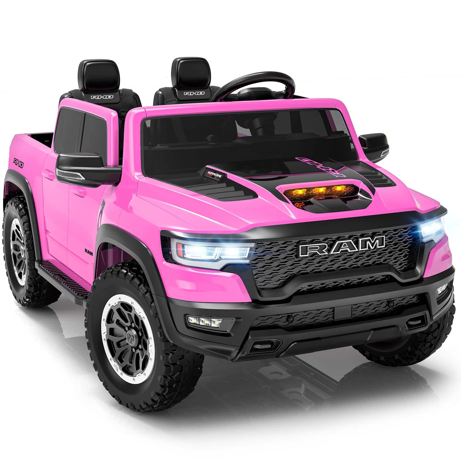 FIRST RIDE ON - 24V Licensed RAM 1500 RHO Ride on Car for Kids, 2-Seater Electric Car with Remote Control, Truck Bed Storage, LED Lights - Peach Pink