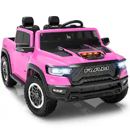 FIRST RIDE ON - 24V Licensed RAM 1500 RHO Ride on Car for Kids, 2-Seater Electric Car with Remote Control, Truck Bed Storage, LED Lights - Peach Pink