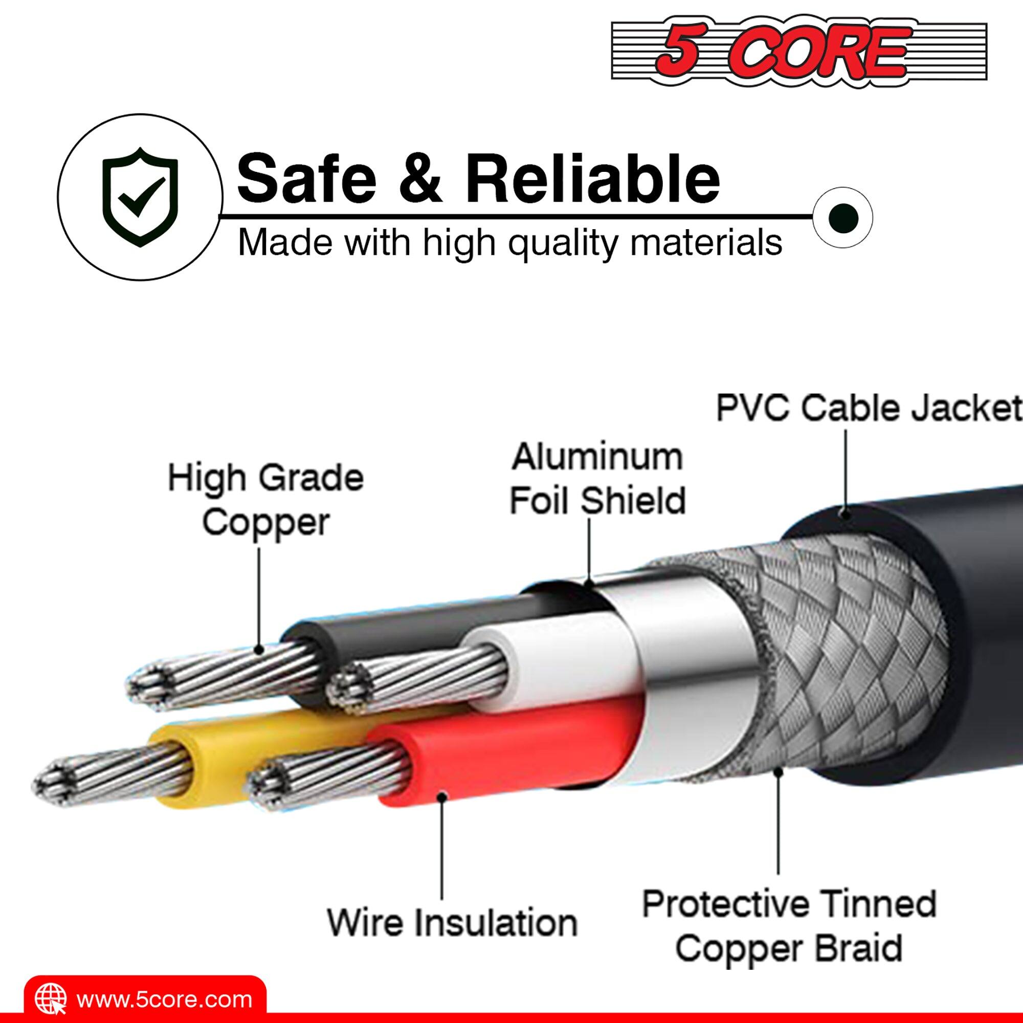 5 CORE Safe & Reliable Made with high quality materials. High Grade Copper, PVC Cable Jacket, Aluminum Foil Shield, Protective Tinned Wire Insulation, Copper Braid. www.5core.com