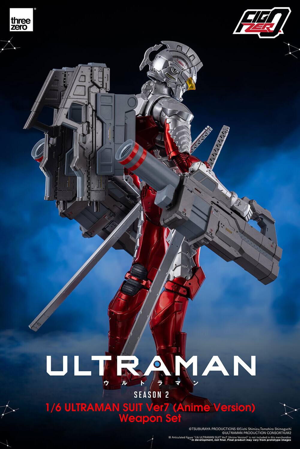 three zero

ULTRAMAN  
SEASON 2  
1/6 ULTRAMAN SUIT Ver7 (Anime Version)  
Weapon Set

TSUBURAYA PRODUCTIONS  
Eichi Shimizu, Tomohiro Shimoguchi  
ULTRAMAN PRODUCTION CONSORTIUM2

Articulated figure 1/6 ULTRAMAN SUIT Ver7 (Anime Version)  
In development, not final. Final product may vary from prototype images.