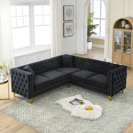 Ropilly - Velvet Corner Sofa, L Shaped Sectional Couch, Black 5 Seater Chesterfield Style Sofa - Black