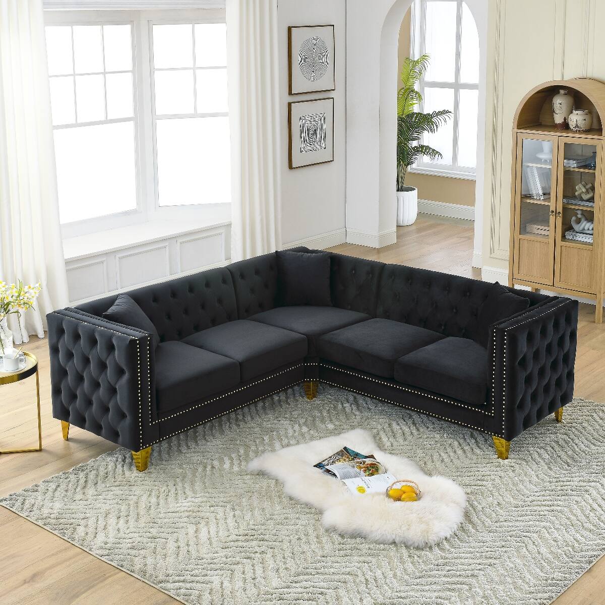 Front. Ropilly - Ropilly Velvet Corner Sofa, L Shaped Sectional Couch, Black 5 Seater Chesterfield Style Sofa - Black.