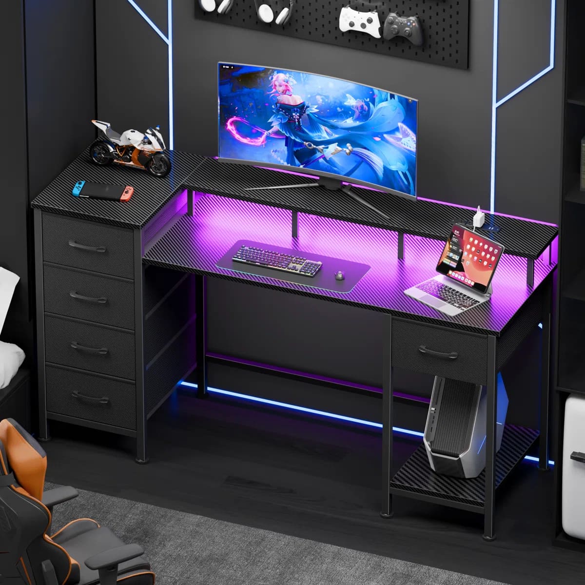 Furnulem - 47 Inches Computer Desk with Monitor Stand Charging Station LED Lights Gaming Desk with Drawers for Home Office - Black