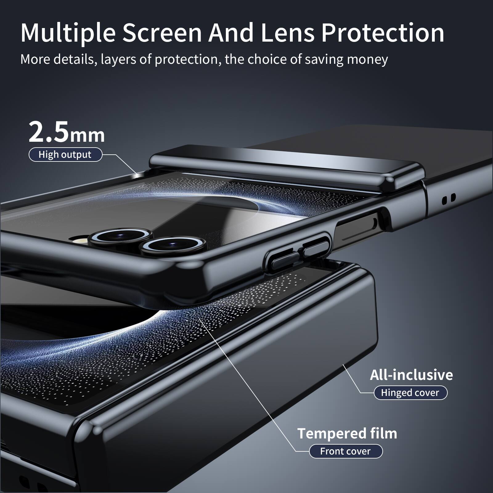 Multiple Screen And Lens Protection  
More details, layers of protection, the choice of saving money  

2.5mm  
High output  

All-inclusive  
Hinged cover  

Tempered film  
Front cover