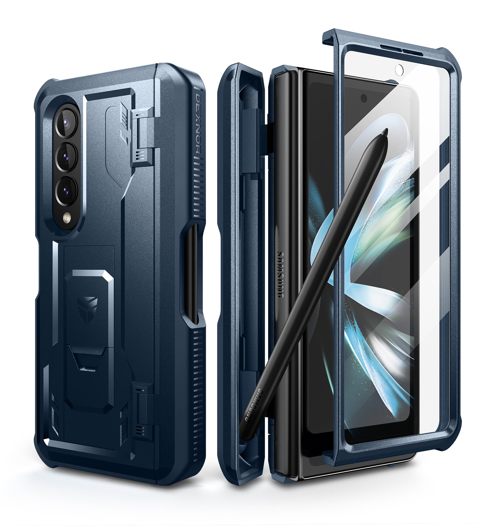 Dexnor - Full Body Case for Samsung Galaxy Z Fold 4 5G, Military-Grade Shockproof Rugged Cover with Screen Protector & S Pen Slot - Navy Blue