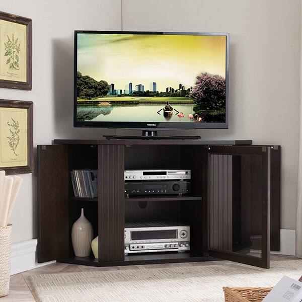 Front. Kings Brand Furniture - 47-Inch Walnut Wood Corner TV Stand Entertainment Center With Cabinets Storage Shelves - Dark Brown.