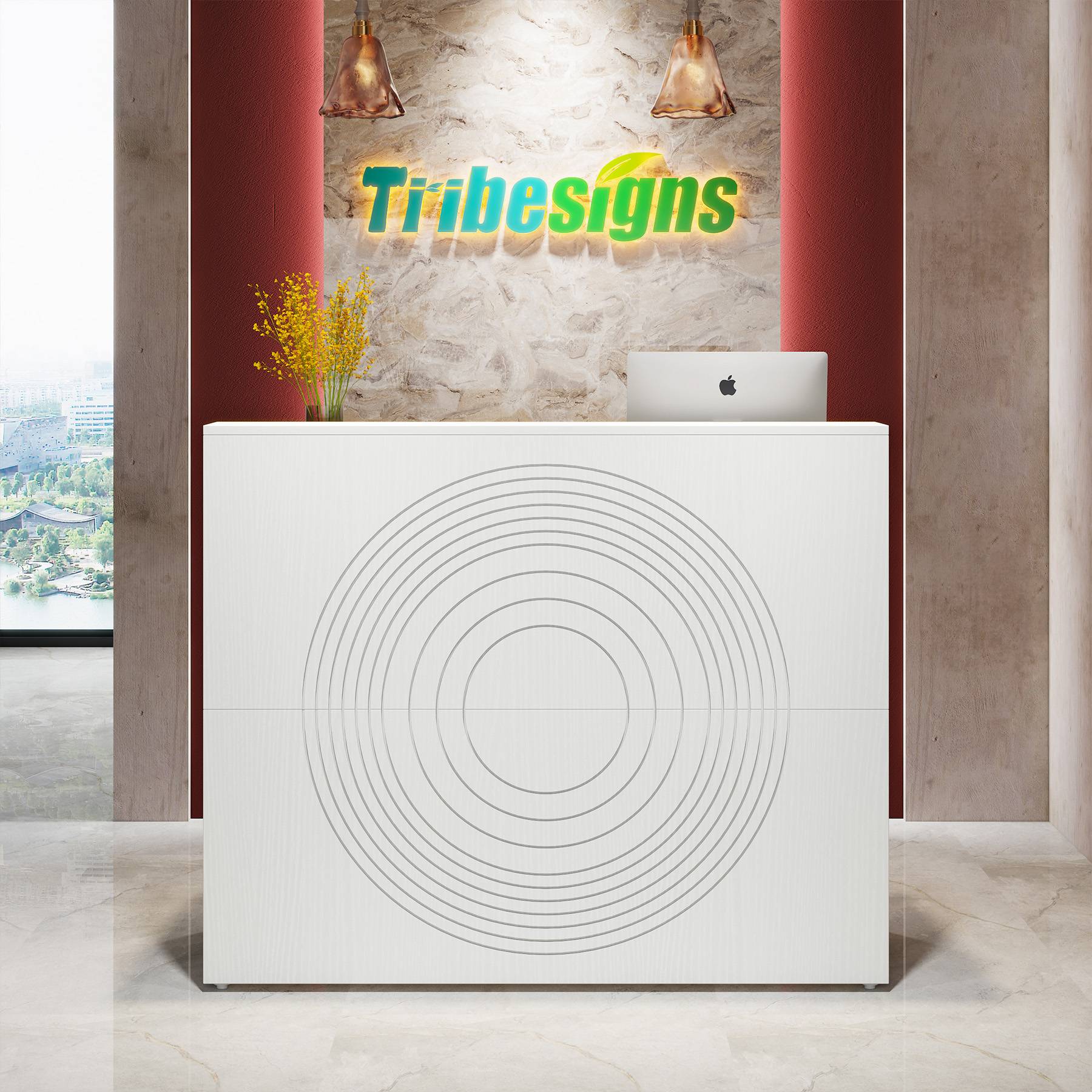 Angle. Tribesigns - Office Reception Desk with Engineered Wood Construction, for Front Desk Work in Reception Areas and Shared Workspaces - White.