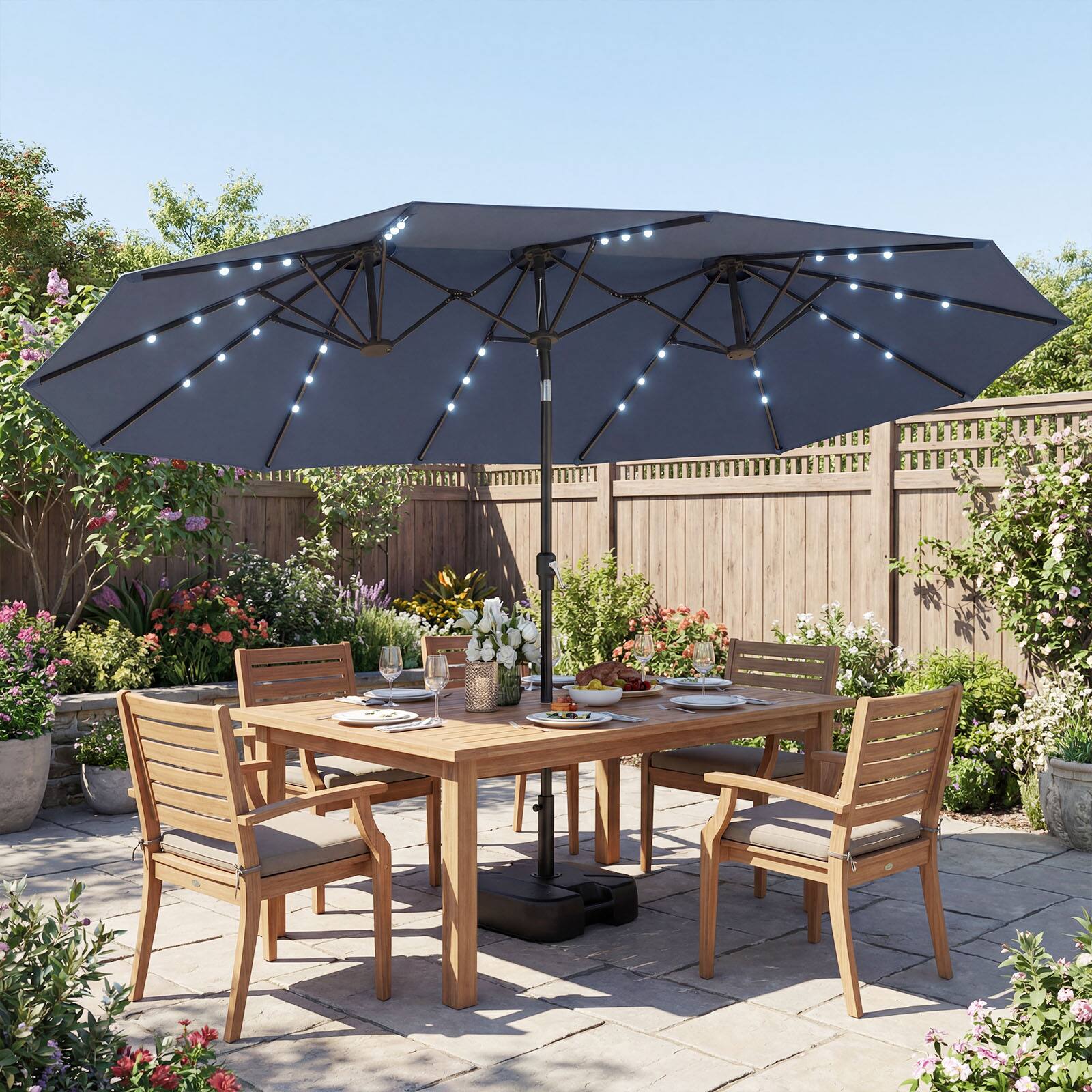 Alt View 3. Gymax - Gymax 15 FT Double-Sided Patio Umbrella w/48 Solar LED Lights Base Included for Pool Gray - Grey.