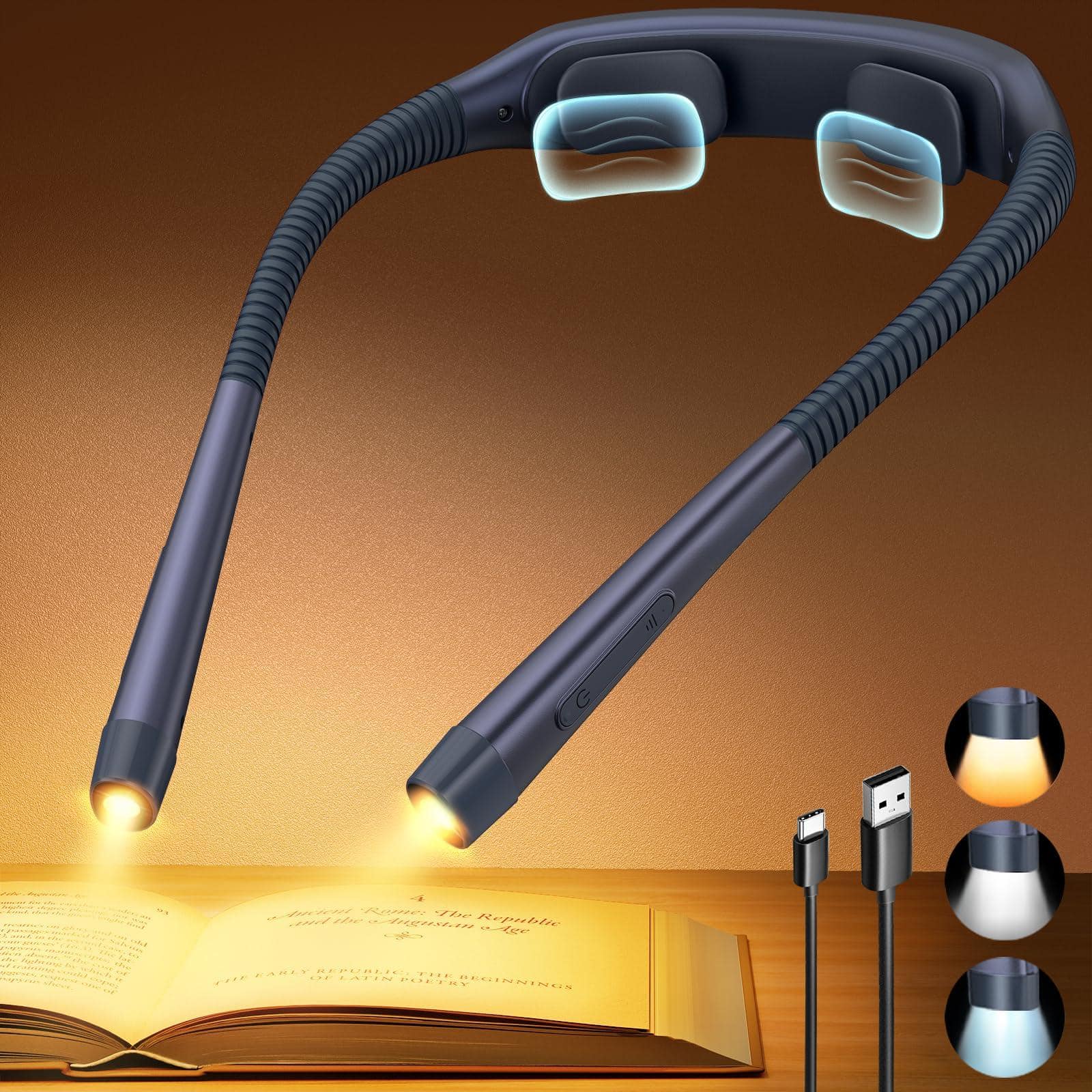 MAGICAL RUBS - Reading Light 1600mah Rechargeable Book For 100 Hrs - 3 Colors & 5 Brightness Neck With Timers Sleep Aid Travel Lock - Navy Blue