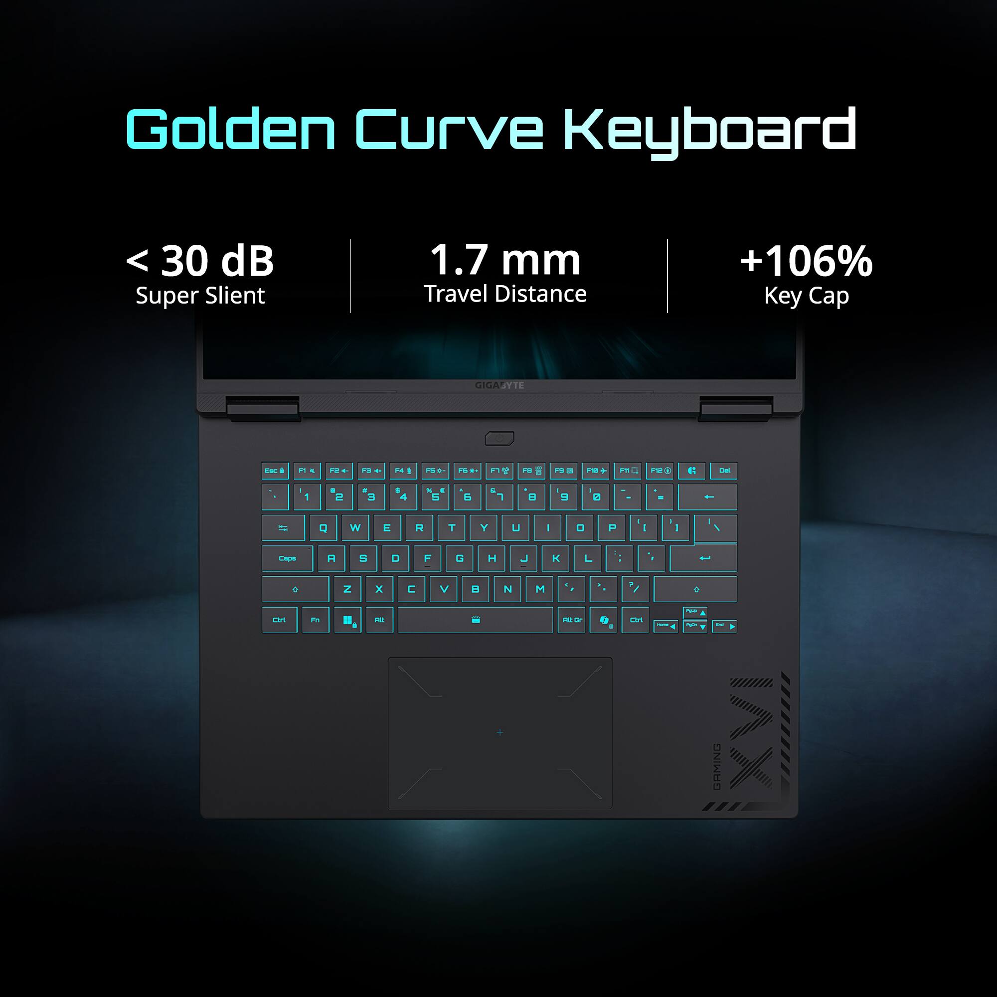 Golden Curve Keyboard  
< 30 dB Super Silent  
1.7 mm Travel Distance  
+106% Key Cap