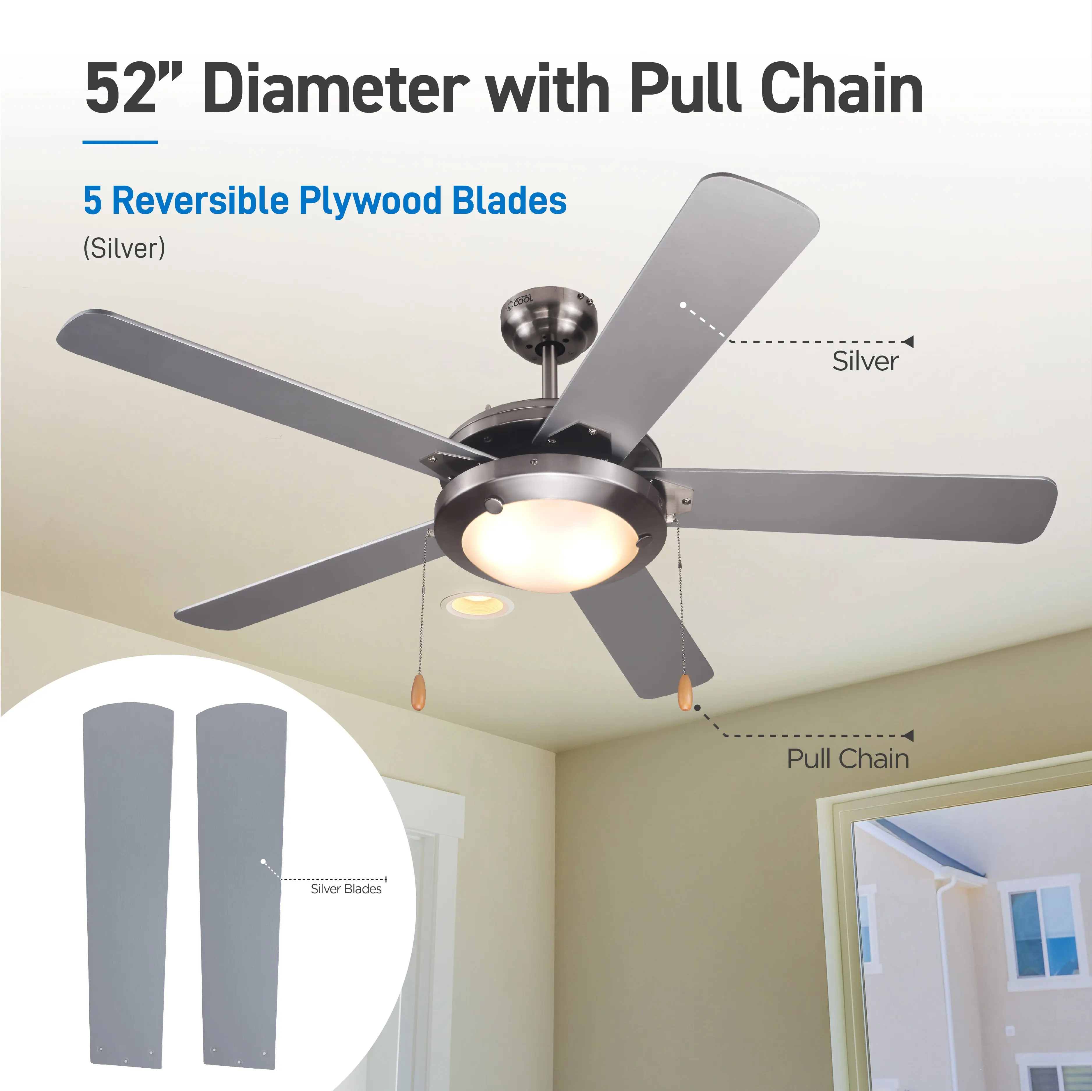 52" Diameter with Pull Chain - 5 Reversible Plywood Blades (Silver) - Silver Pull Chain - Silver Blades