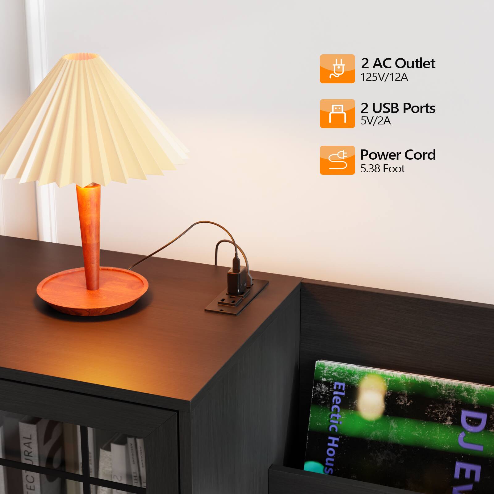 2 AC Outlet 125V/12A  
2 USB Ports 5V/2A  
Power Cord 5.38 Foot  

URAL  
IN TIUCTY  
Electric House DJ E